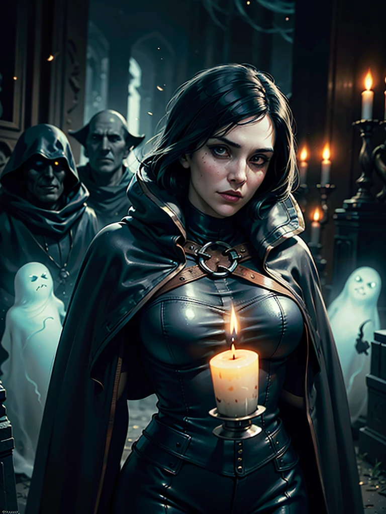 masterpiece, best quality, horror, portrait of a beautiful woman in leather cape, holding single candle in hand, nervously looking around, (barely visible ghost spirits flying around:1.2), at night graveyard, matching eyes, art by greg rutkowski