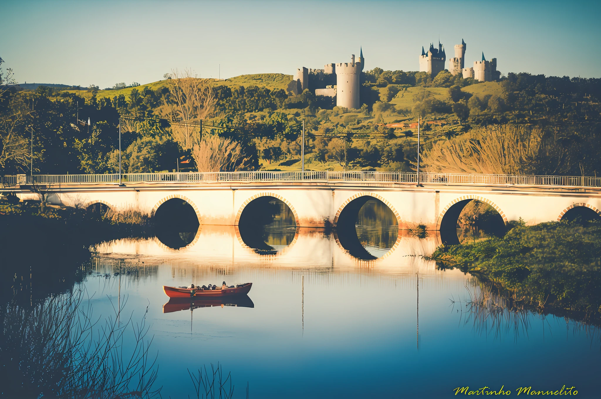 a boat on the river and a castle in the background