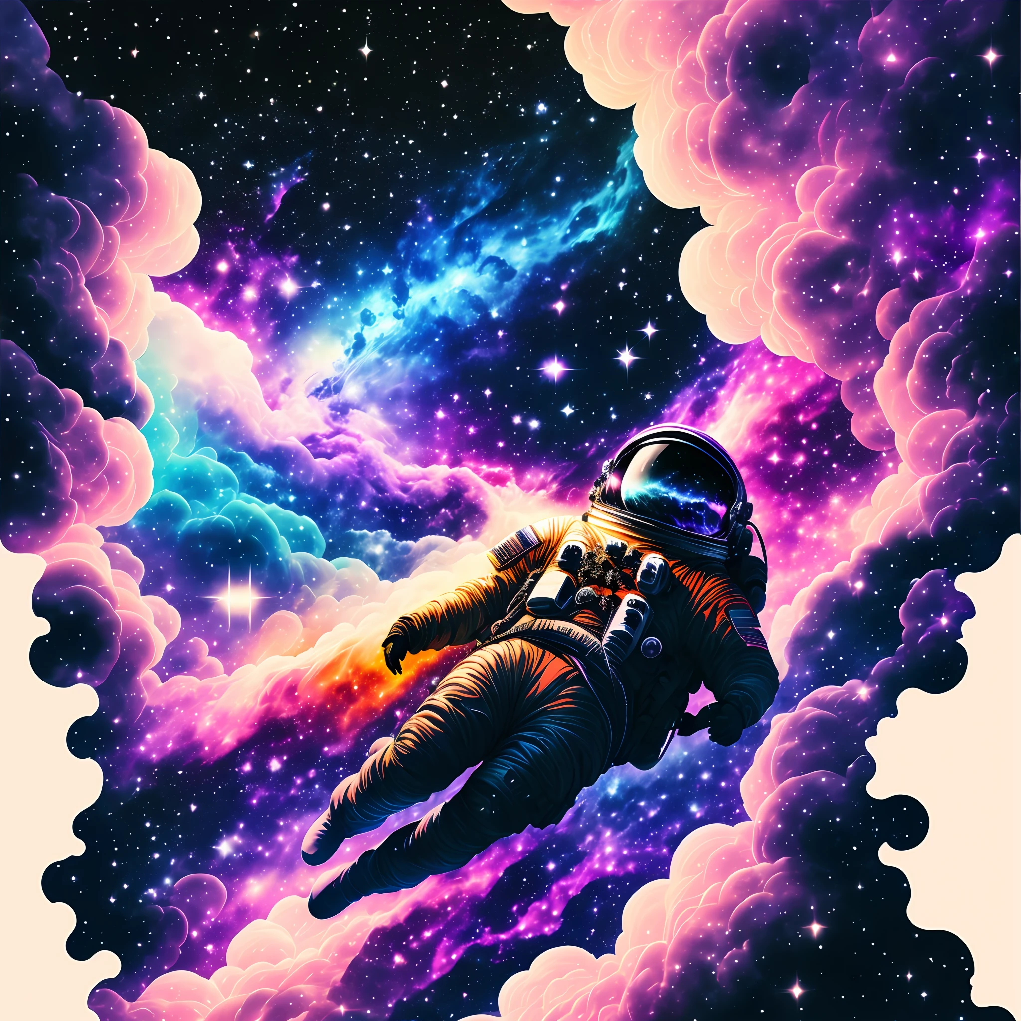 an astronaut floating in space, vibrantly colored nebula, black border