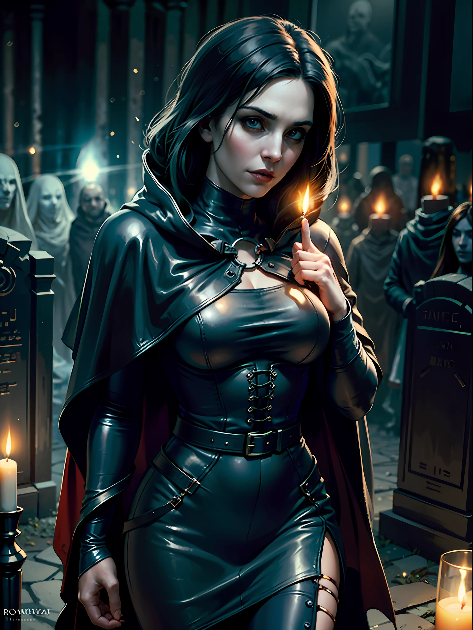 masterpiece, best quality, horror, portrait of a beautiful woman in leather cape, holding single candle in hand, nervously looking around, (barely visible ghost spirits flying around:1.2), at night graveyard, matching eyes, art by greg rutkowski
