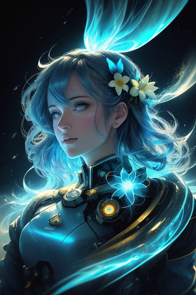 Digital Ilustration, Anime style, Woman, elemental mage, engulfed in blue flames and yellow rays, colorful, depth of field, beautiful, highly detailed, hyperrealistic, cinematic lighting, clear, space background, soft cinematic lighting, (backlighting) : 1.2), (flowering: 1.2), (bright light: 1.1), (chromatic aberration: 1.2), sharp focus, high contrast ,masterpiece, photorealistic