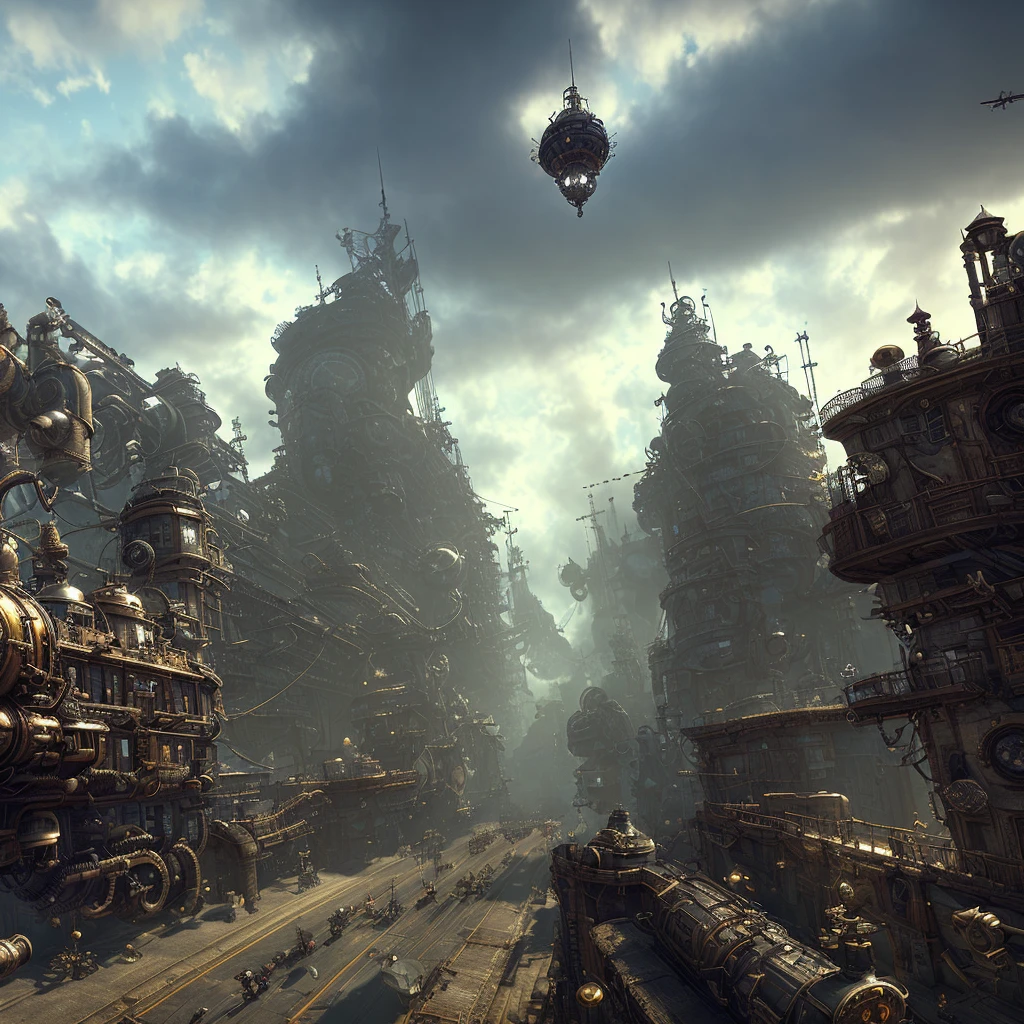 (extremely detailed CG unity 8k wallpaper, masterpiece, best quality, ultra-detailed),(steampunk-inspired, stylish, retro, detailed metal textures),(flying ship, dynamic angle, wide shot, floating in the sky, clouds, sunlight),(1-2 characters, adventurous, pilot/airship crew, rugged leather clothing, goggles, helmet, gloves),(vintage, sepia tone),(embedded with mechanical parts, gears and cogs, pipes, steam), (rich, dark shadows),(unique, hand-crafted style),(windy, weather-worn, well-traveled atmosphere)