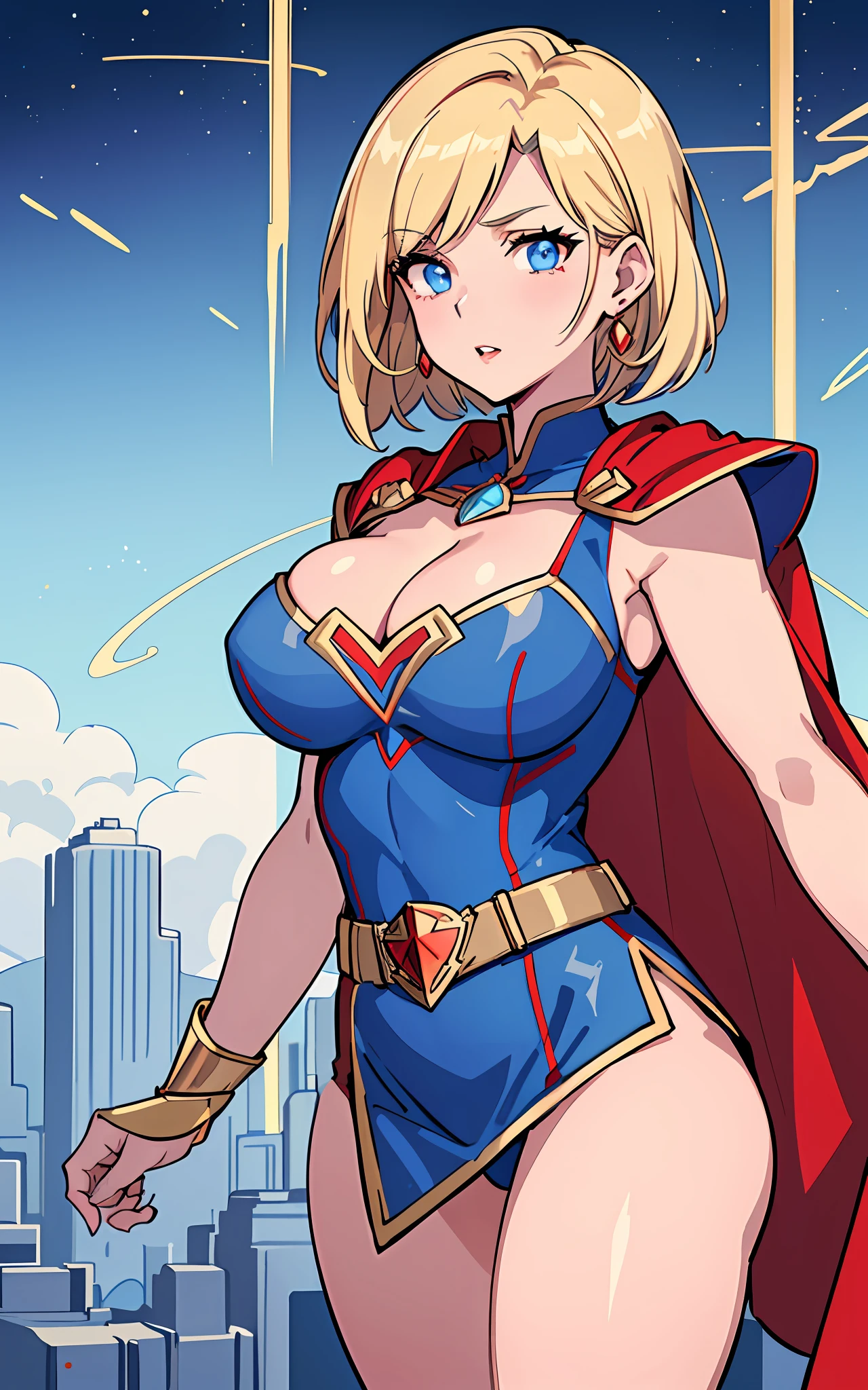kryptonian supergirl, short straight blond hair, red earrings, thick lips, big blue eyes, light muscle body, light blue short dress with small red details, big boobs, cleavage, bare arms with red and gold bracers, golden belt, red cape, very detailed, anime art style, sci-fi, kryptonian city landscape background