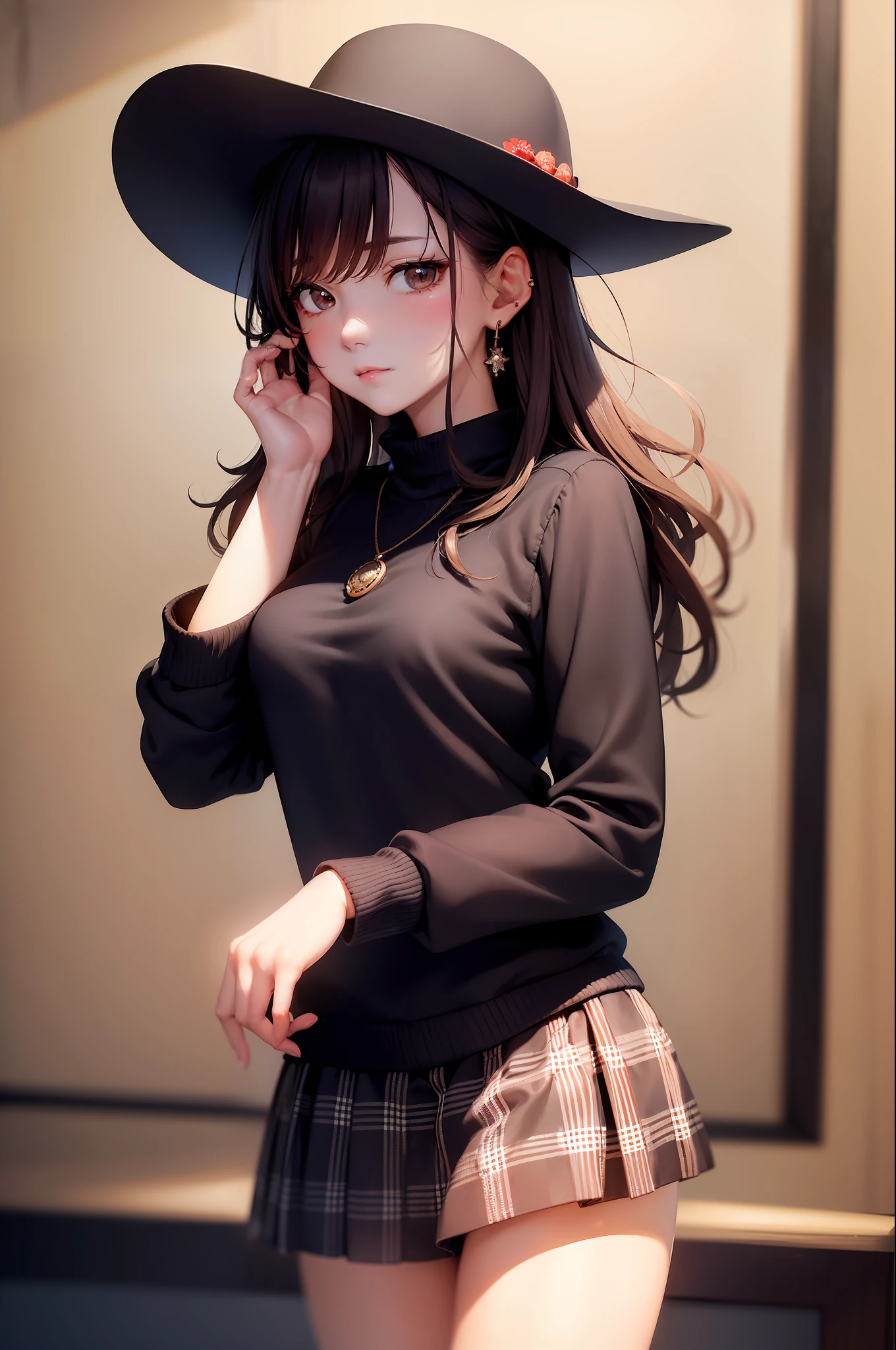 (masterpiece, best quality:1.2), cowboy shot, solo, 1girl, yashio rui, expressionless, closed mouth, looking at viewer, hand in own hair, black sweater, plaid skirt, jewelry, earrings, necklace