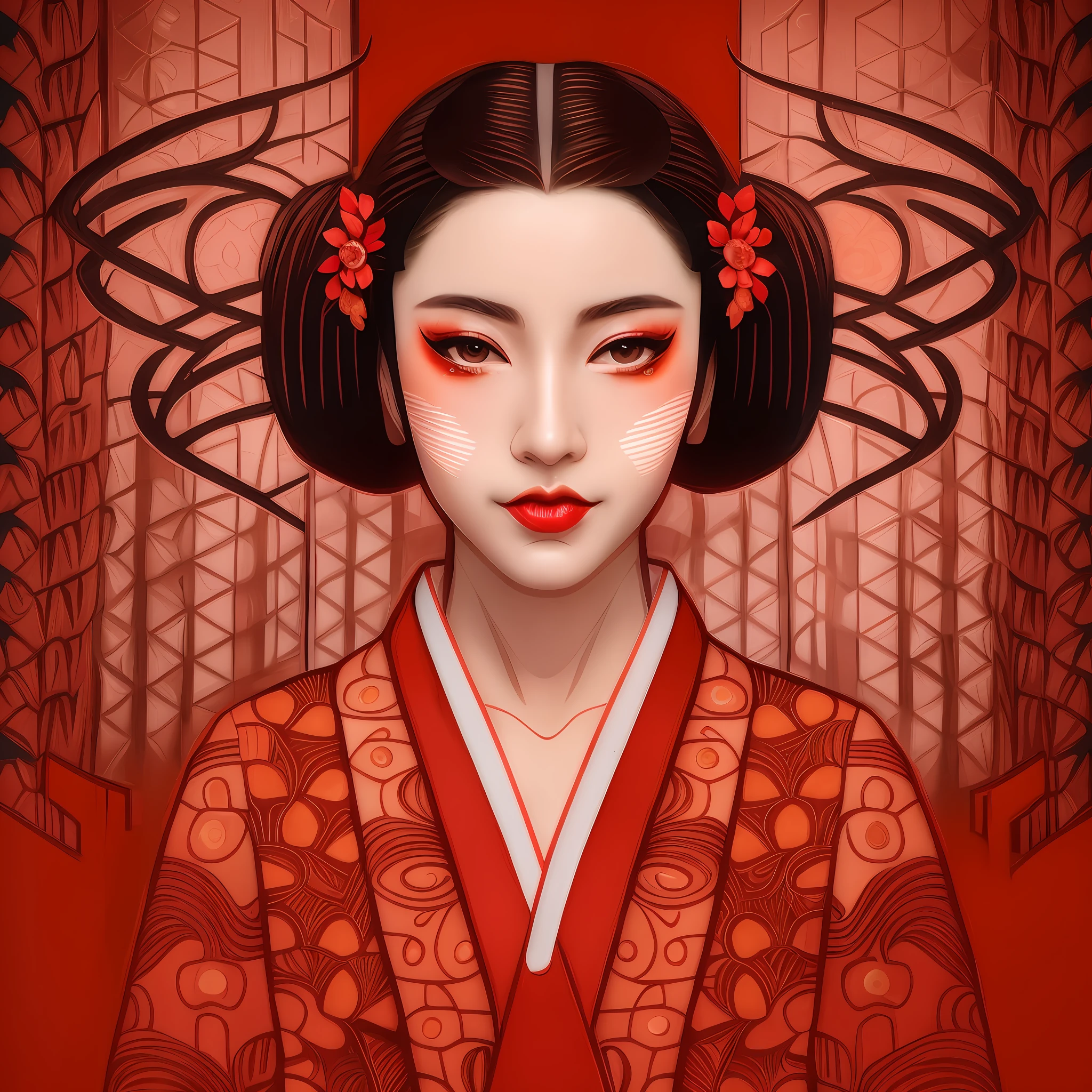 arafed image of a geisha woman with a red background, portrait of a beautiful geisha, portrait of geisha, beauty geisha, portrait of a geisha, female geisha girl, japanese geisha, geisha, cyberpunk geisha, japanese art style, japanese art on behance, glamorous and sexy geisha, intricate geisha kimono