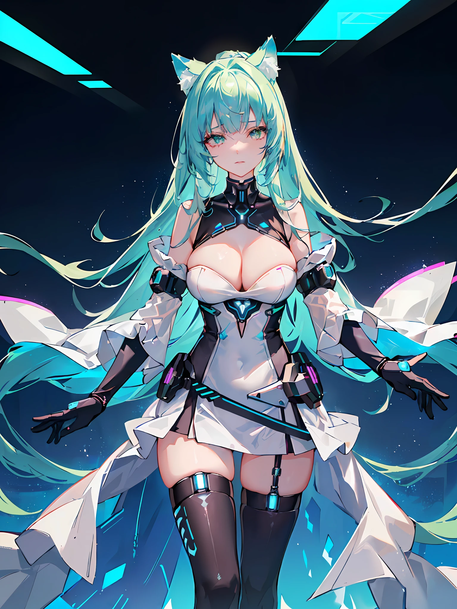 (In the sprawling cybernetic metropolis known as NeoPulse, a mesmerizing cat girl named Nova prowls the neon-lit streets with a blend of feline grace and technological prowess. Let's explore the intricately detailed world of Nova:
Ears and Tail: Nova possesses sleek, cybernetically enhanced cat ears and tail. Crafted with sleek black and silver accents, these cybernetic augmentations seamlessly integrate with her natural feline features. The tips of her ears and tail emit a soft neon glow, synchronizing with the vibrant lights that illuminate the cyber city.
Eyes: Nova's eyes are an entrancing amalgamation of piercing emerald green and iridescent lines that mimic circuitry patterns. Glowing with an inner luminescence, they possess an uncanny depth and seem to reflect the digital landscape of NeoPulse. They hold an intense gaze that hints at her unwavering determination and sharp instincts.
Hair: Nova's hair flows in voluminous waves, shimmering with a myriad of neon colors. From vibrant blues and purples to electric pinks and greens, her hair channels the pulsating energy of the cyber city. Embedded within her locks are fine strands of fiber-optic threads that glow and cascade with a subtle luminescence, creating an enchanting spectacle wherever she roams.
Cybernetic Enhancements: Nova's cybernetic enhancements go beyond her ears and tail. Her forearms and calves are adorned with sleek, silver cybernetic implants, meticulously integrated with her limbs. These enhancements grant her enhanced agility, speed, and strength, allowing her to navigate the vertical sprawl of NeoPulse with ease.
Cyberfashion: Nova's attire is a fusion of futuristic fashion and feline elegance. She wears a form-fitting bodysuit crafted from a specialized nano-fabric that adapts to her movements. The suit shimmers with a holographic display of swirling patterns and neon lights, mimicking the vibrant energy that courses through the cyber city. Complementing her ensemble are sleek, high-tec