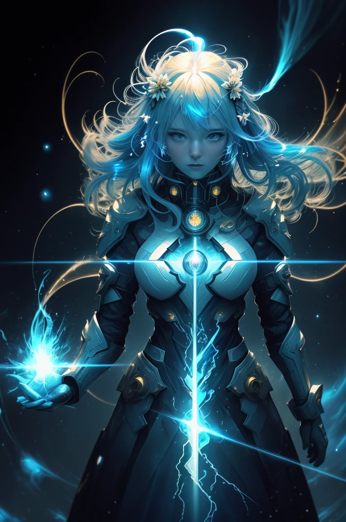 Digital Ilustration, Anime style, Woman, elemental mage engulfed in blue flames and yellow lightning, chromatic chaos, gold and ice tones, depth of field, beautiful, highly detailed, hyperrealistic, cinematic lighting, clear, space background, cinematic lighting soft, (backlight: 1.2), (flowering: 1.2), (bright light: 1.1), (chromatic aberration: 1.2), sharp focus, high contrast ,masterpiece, photorealistic