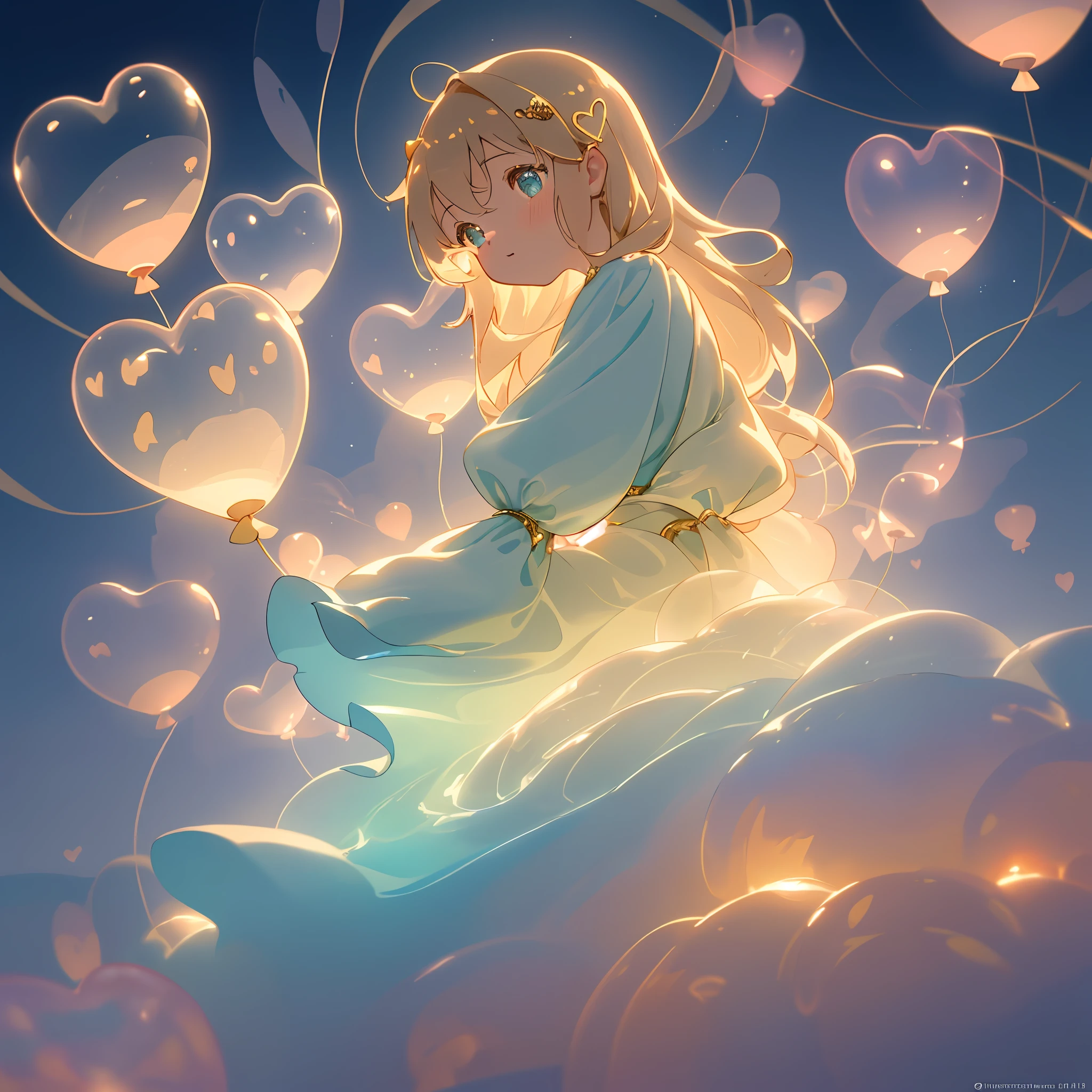Behold a mesmerizing scene where small heart-shaped bioluminescent balloons float gracefully above the clouds. This captivating image showcases a perfect composition, meticulously arranged to create a visually stunning masterpiece. Every intricate detail of the balloons is depicted with exceptional clarity, highlighting their delicate beauty and radiant glow. The placement of the balloons follows the principles of the golden ratio, adding an extra layer of aesthetic appeal to the overall composition. This artwork transcends reality, evoking a sense of wonder and enchantment. The photograph is flawlessly captured in mesmerizing 4K resolution, allowing viewers to immerse themselves in the magical ambiance of this breathtaking scene