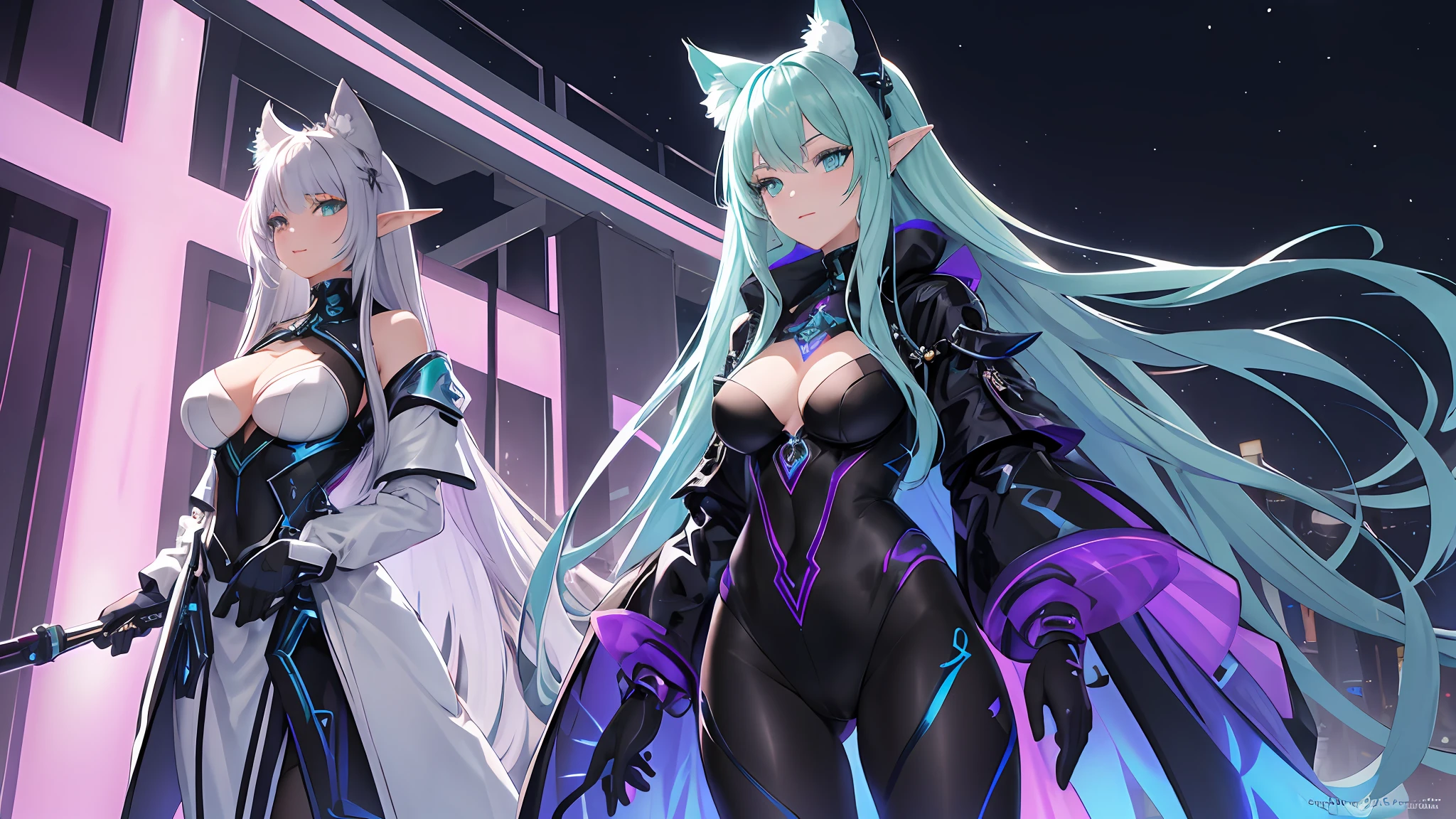 In the bustling cybernetic cityscape of NeonSpires, as the moon casts an ethereal glow upon the neon-lit streets, two captivating young women catch your gaze. Standing side by side with a hint of mischief in their eyes, let's explore the intricately detailed world of these alluring figures:Elysia, a stunning cat girl of 20, exudes an irresistible charm. With her feline grace and electric energy, she captivates all who behold her. Elysia's ears, delicate and expressive, swivel with curiosity, accentuating her enigmatic allure. Her sleek midnight black hair cascades down her back, framing her enchanting features, while her emerald-green eyes sparkle with a playful glint.By Elysia's side stands Seraphina, a mesmerizing elf girl of 20. Her pointed ears, adorned with intricate silver jewelry, speak of her elven heritage. Seraphina's flowing, iridescent hair, a lustrous blend of celestial blues and purples, seems to shimmer with its own inner radiance. Her eyes, like pools of moonlight, reflect a depth of wisdom far beyond her years.Both Elysia and Seraphina don sleek, form-fitting cybernetic coats, intricately woven with advanced fabric technology. Elysia's coat, with its iridescent purple and black hues, accentuates her lithe figure and echoes the mesmerizing shades of her hair. Seraphina's coat, adorned with delicate circuitry patterns in shades of blue and silver, gives her an otherworldly presence amidst the cybernetic .Beneath their coats, Elysia and Seraphina wear matching sweatshirts, blending comfort and style. Elysia's sweatshirt, a vibrant fusion of neon colors, showcases her playful spirit with holographic designs that seem to dance with each movement. Seraphina's sweatshirt, in contrast, exudes an ethereal elegance, with flowing lines reminiscent of celestial constellations against a midnight-blue backdrop.The two captivating women adopt a seductive yet confident posture, drawing you in their captivating world. Leaning against a holographic-lit wall. Detailed