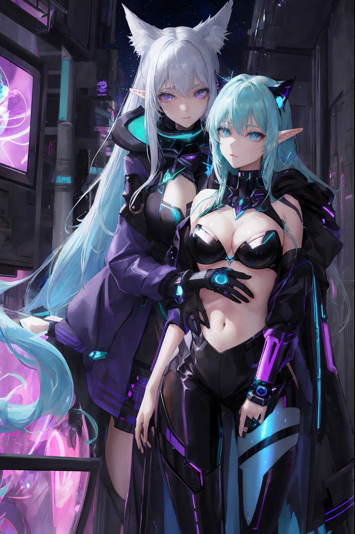 In the bustling cybernetic cityscape of NeonSpires, as the moon casts an ethereal glow upon the neon-lit streets, two captivating young women catch your gaze. Standing side by side with a hint of mischief in their eyes, let's explore the intricately detailed world of these alluring figures:Elysia, a stunning cat girl of 20, exudes an irresistible charm. With her feline grace and electric energy, she captivates all who behold her. Elysia's ears, delicate and expressive, swivel with curiosity, accentuating her enigmatic allure. Her sleek midnight black hair cascades down her back, framing her enchanting features, while her emerald-green eyes sparkle with a playful glint.By Elysia's side stands Seraphina, a mesmerizing elf girl of 20. Her pointed ears, adorned with intricate silver jewelry, speak of her elven heritage. Seraphina's flowing, iridescent hair, a lustrous blend of celestial blues and purples, seems to shimmer with its own inner radiance. Her eyes, like pools of moonlight, reflect a depth of wisdom far beyond her years.Both Elysia and Seraphina don sleek, form-fitting cybernetic coats, intricately woven with advanced fabric technology. Elysia's coat, with its iridescent purple and black hues, accentuates her lithe figure and echoes the mesmerizing shades of her hair. Seraphina's coat, adorned with delicate circuitry patterns in shades of blue and silver, gives her an otherworldly presence amidst the cybernetic city.Beneath their coats, Elysia and Seraphina wear matching sweatshirts, blending comfort and style. Elysia's sweatshirt, a vibrant fusion of neon colors, showcases her playful spirit with holographic designs that seem to dance with each movement. Seraphina's sweatshirt, in contrast, exudes an ethereal elegance, with flowing lines reminiscent of celestial constellations against a midnight-blue backdrop.The two captivating women adopt a seductive yet confident posture, drawing you intheir captivating world. Leaning against a holographic-lit wall,