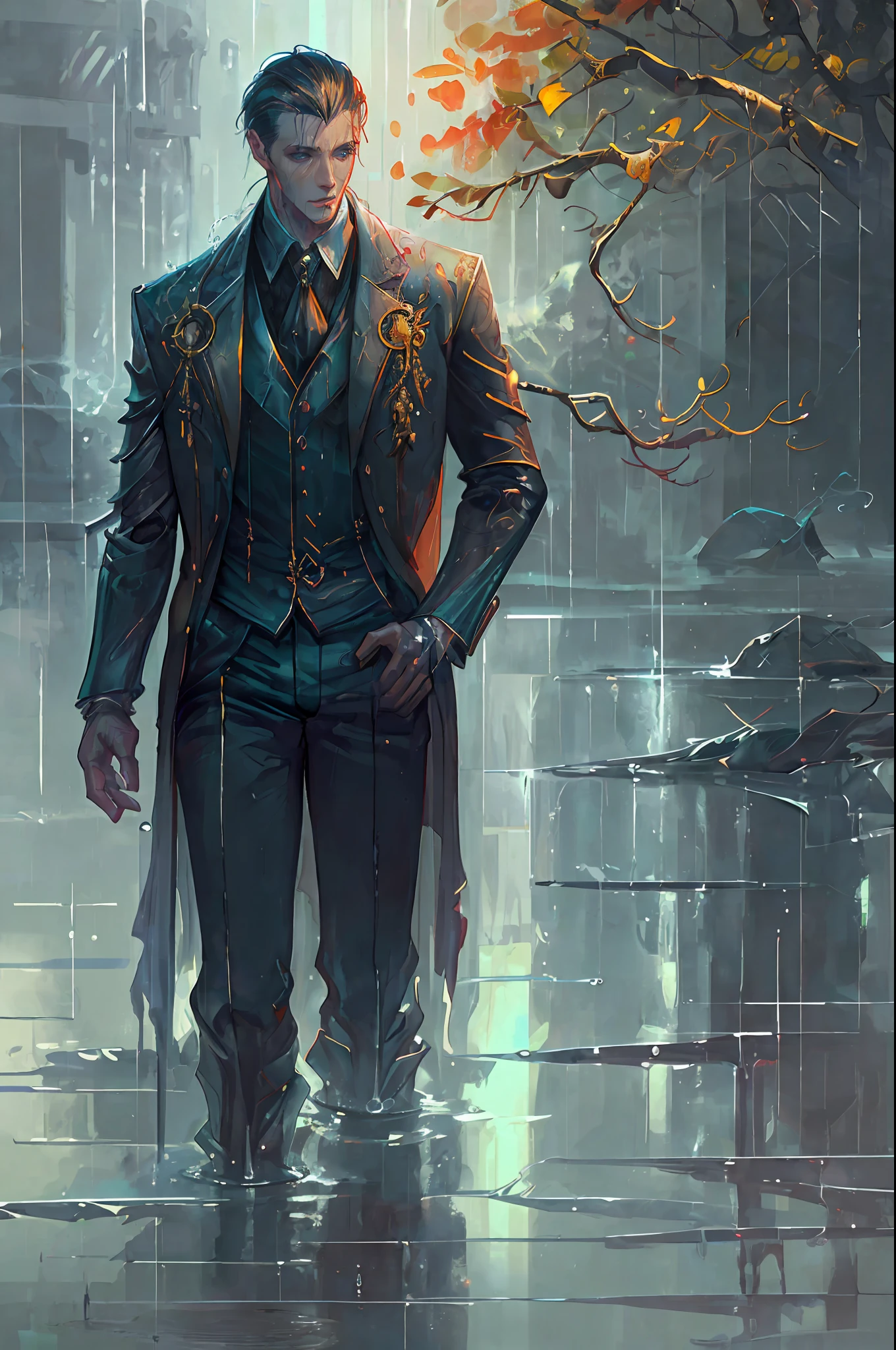 Handsome male in the rain, full body height, smooth skin, wet skin, water droplets, water, highly detailed, elegant, digital painting, artstation, clean chin, by artist Charlie Bowater and Raymond Swanland and Juergen Teller and Gerald Brom