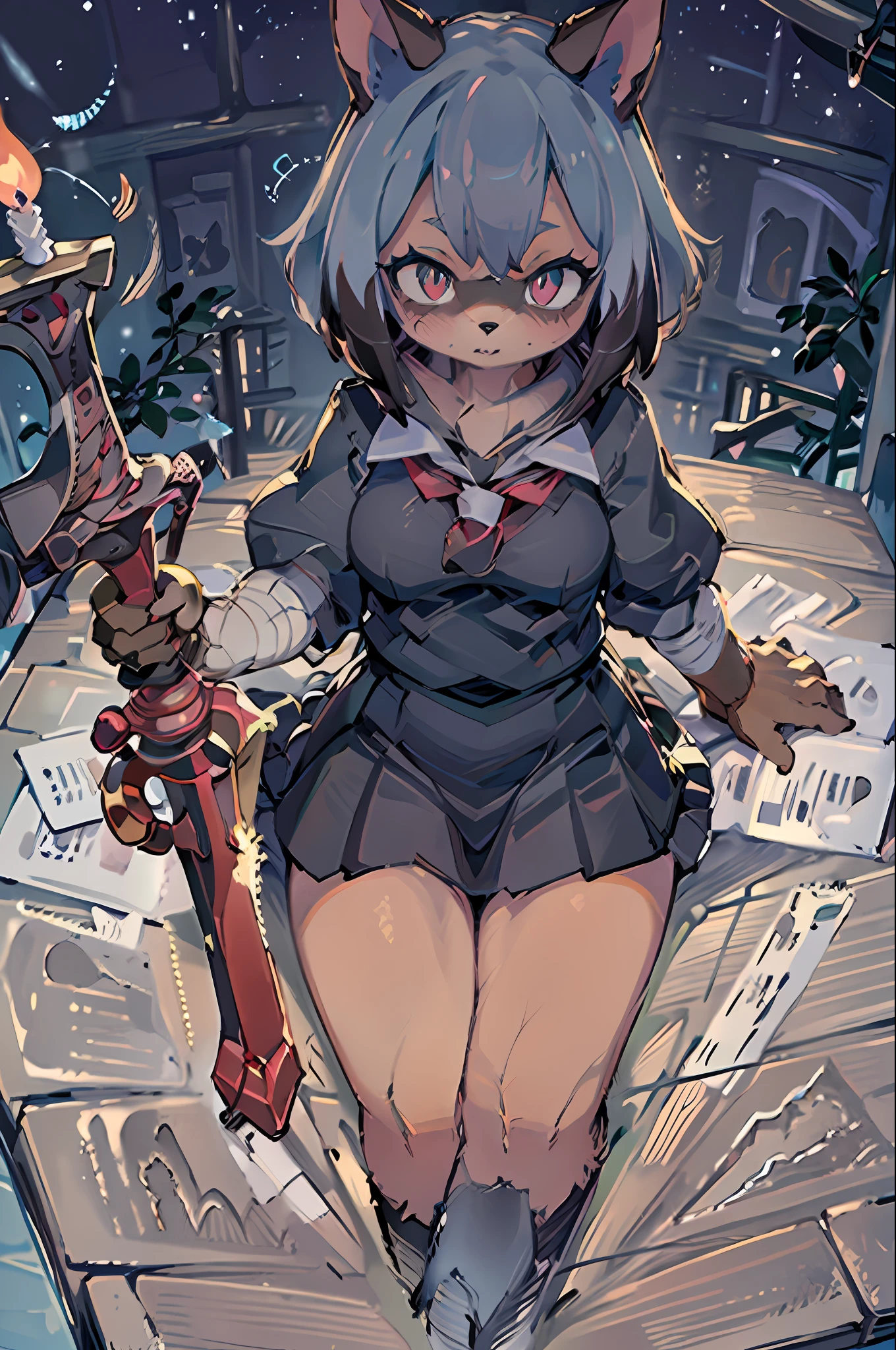 ((masterpiece, best quality)), Furry Michiru Kagemori, animal ears,  tail, bodyfur, 
1girl, bandaged_arm, bandages, bangs, blood, grey_hair, breasts,  cuts, hair_between_eyes,  injury, looking_at_viewer, medium_breasts, parted_lips, red_eyes, short_hair, solo, stitches, church, multicolored background, from above, candlelight, red scarf, school uniform, candle, candlestand, (black sword),
