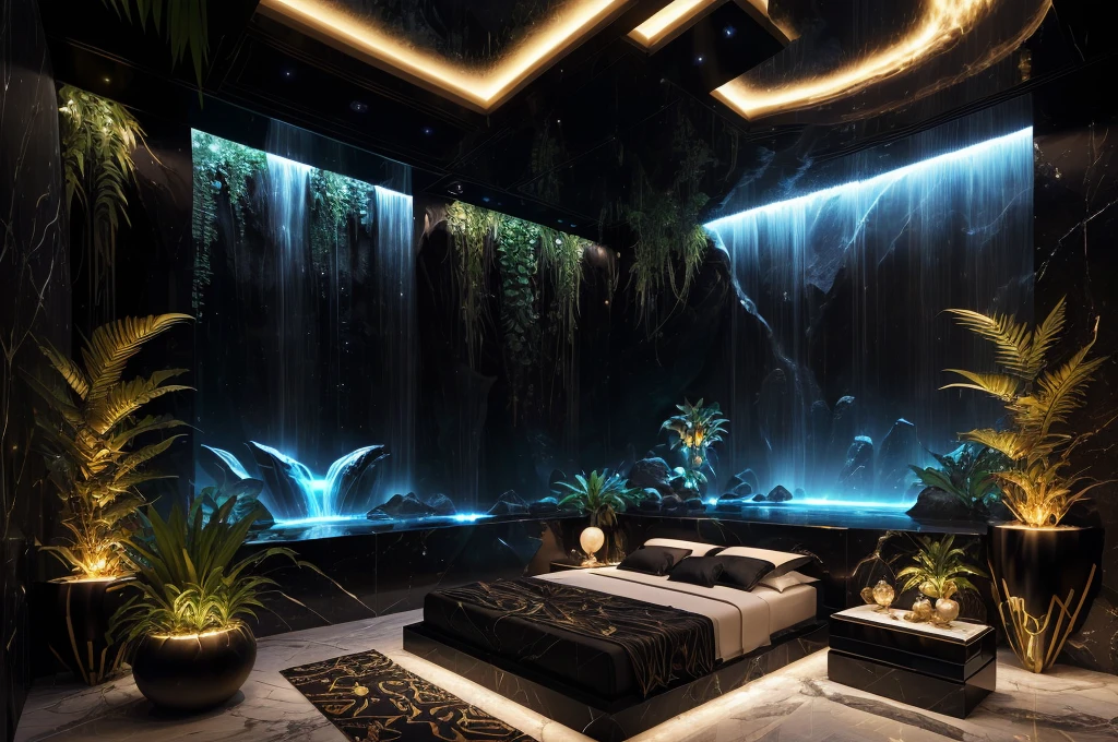 incredible black luxurious futuristic bedroom interior in Ancient Egyptian style with many (((lush plants))) (lotus flowers), ((palm trees)), rocky walls, ((sand)), ((waterfalls)), (marble), ((precious minerals)), ((metals)), (gemstones), crystals, clouds and ((water)), ((luxury furniture)), crocodiles, (hieroglyphics), (((ultra luxury))), (black marble) – with ((beautiful lights)), Unreal Engine, HQ, 16k