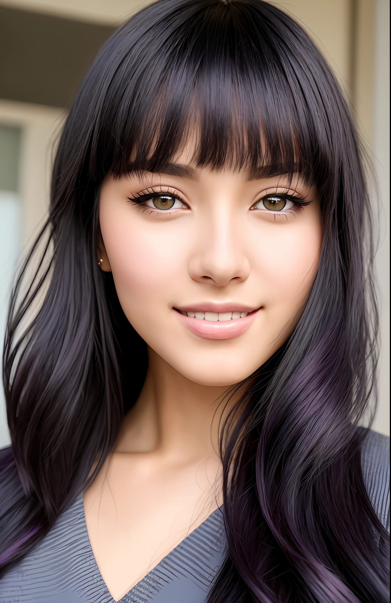 8K resolution, best quality, beautiful detailed face and eyes girl, crazy details, goddess-level face, exquisite facial portrayal, charming figure, charming expression, delicate translucent golden eyes, slender eyebrows, The outside is black Black long straight hair, Straight bangs, straight side hair, The inside is a two-tone hair color with navy hair. She has a purple ribbon with half-bundle hair, to be smiling charmingly, to be wearing a black sweater with one shoulder visible. to be wearing jeans --style AnimeDefault V1