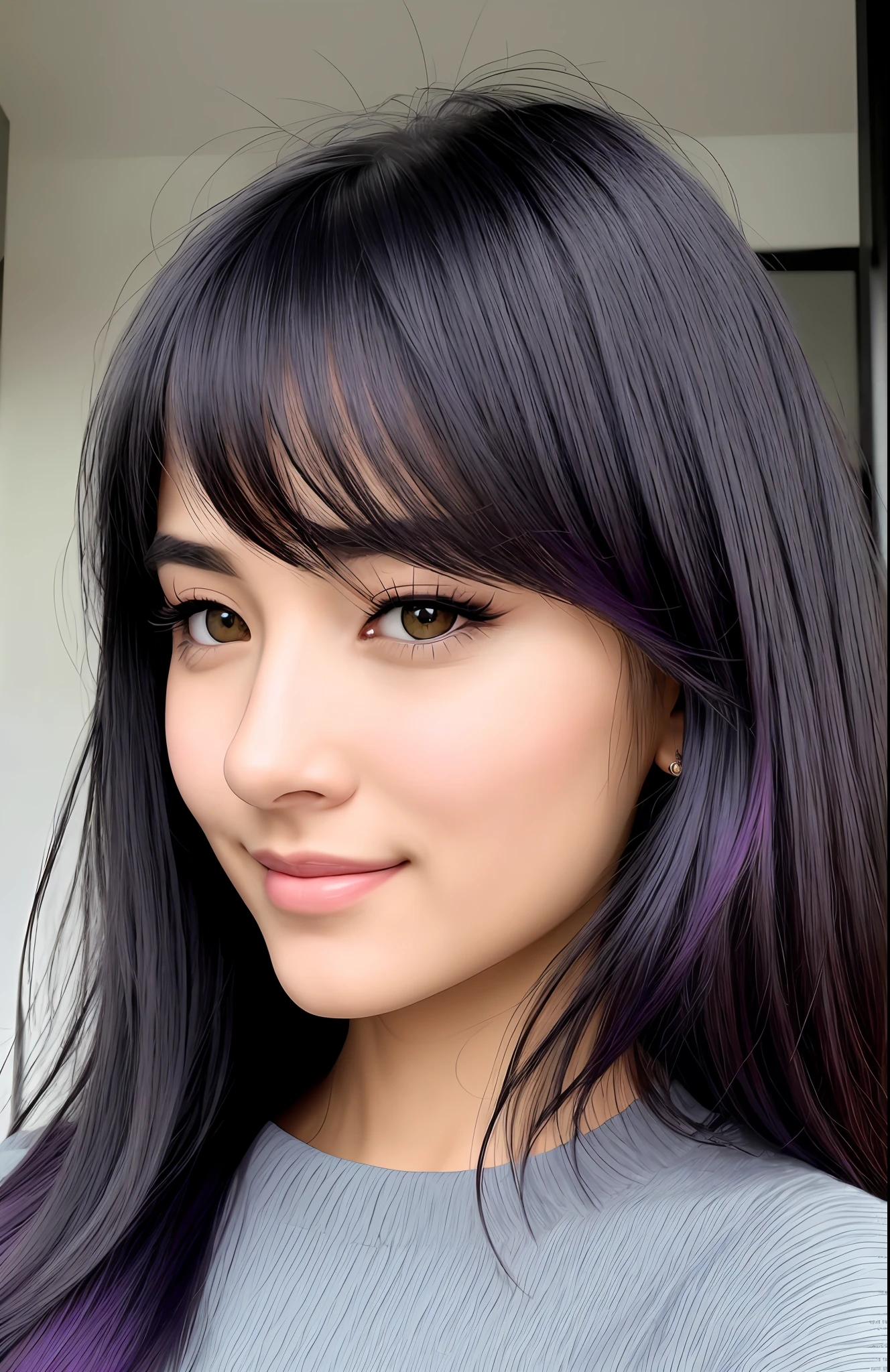 8K resolution, best quality, beautiful detailed face and eyes girl, crazy details, goddess-level face, exquisite facial portrayal, charming figure, charming expression, delicate translucent golden eyes, slender eyebrows, The outside is black Black long straight hair, Straight bangs, straight side hair, The inside is a two-tone hair color with navy hair. She has a purple ribbon with half-bundle hair, to be smiling charmingly, to be wearing a black sweater with one shoulder visible. to be wearing jeans --style AnimeDefault V1