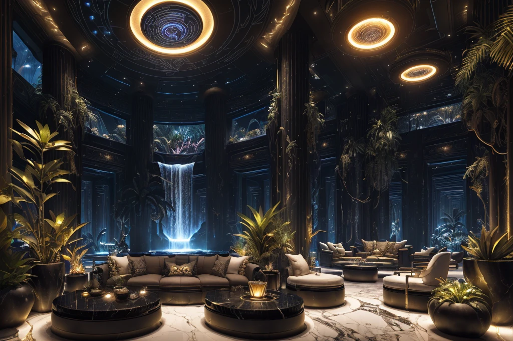 incredible black luxurious futuristic interior in Ancient Egyptian style with many (((lush plants))) (lotus flowers), ((palm trees)), rocky walls, (egyptian hieroglyphs and ornaments), ((sand)), ((waterfalls)), ((precious minerals)), ((metals)), (gemstones), crystals, clouds and ((water)), ((luxury furniture)), crocodiles, (((ultra luxury))), (black marble) – with ((beautiful lights)), Unreal Engine, HQ, 16k