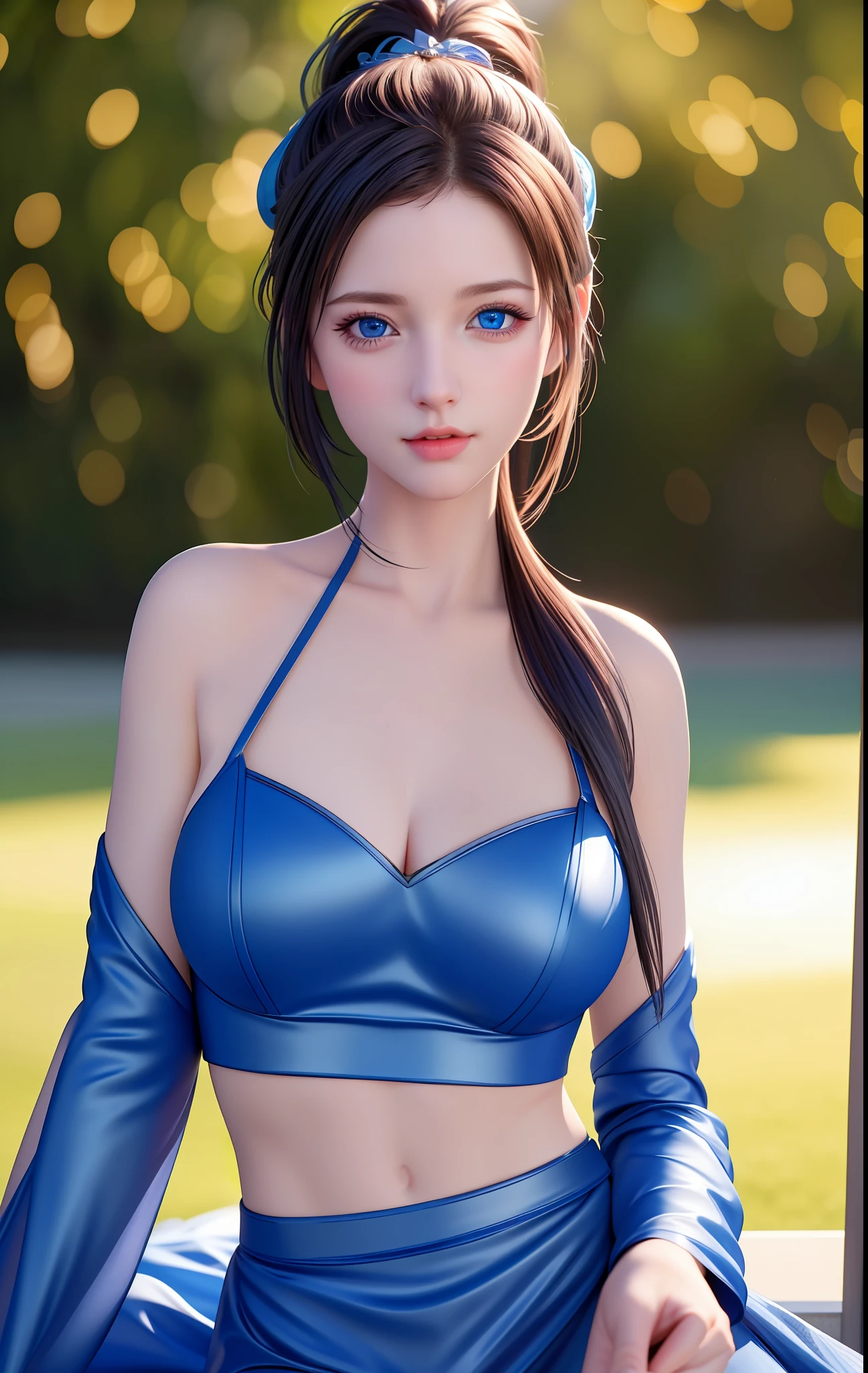 best quality, masterpiece, high_res, 1girl, Beautiful face, (blue eyes), (photo realistic:1.3), rim lighting, (high detailed skin:1.2), 8k uhd, dslr, high quality, high resolution, 4k, 8k, Bokeh, medium breasts, absurdres, ponytail contorted, best ratio four finger and one thumb, (realistic:1.2),