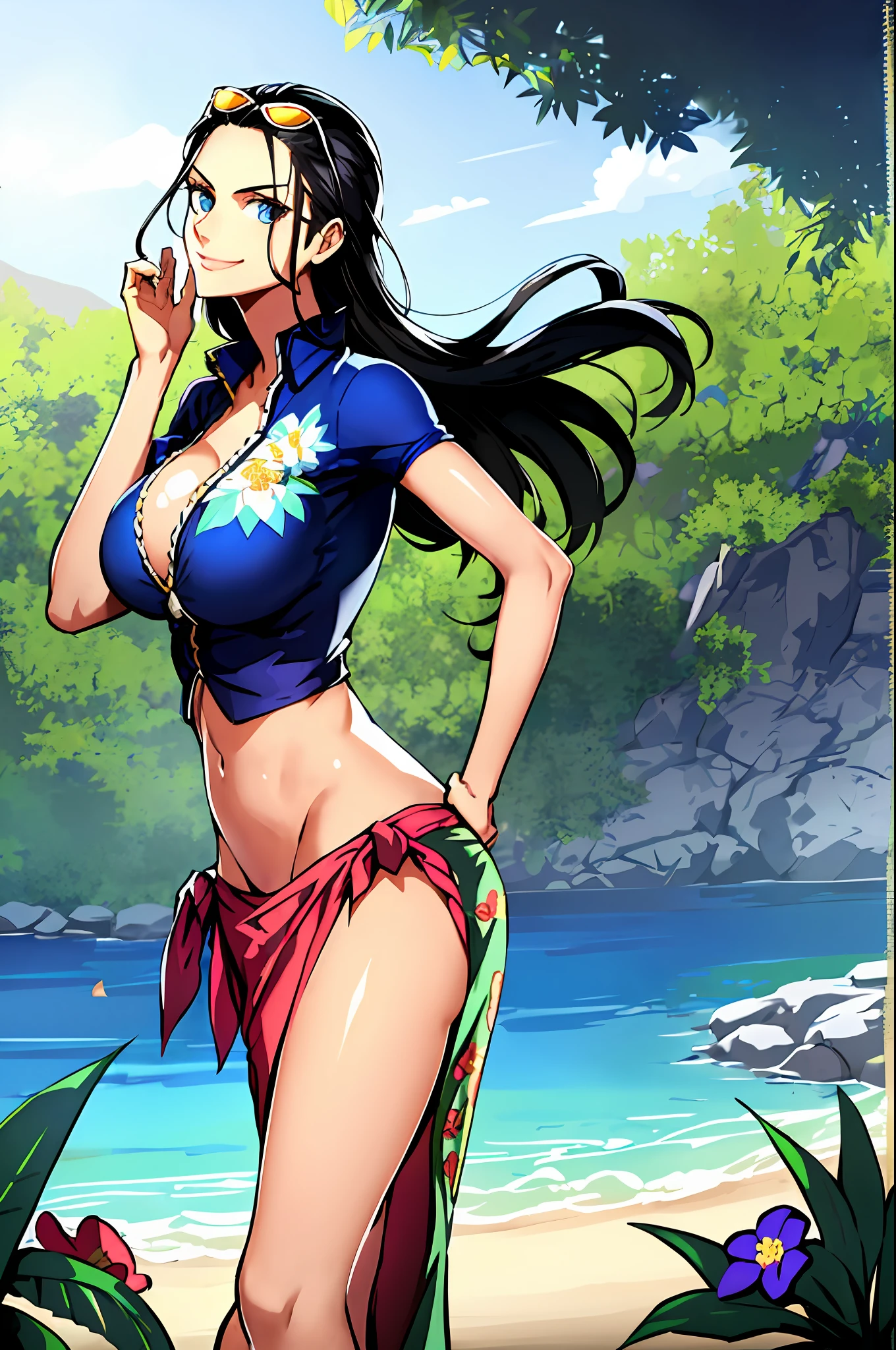 nico robin, 1girl, outdoors, black hair, blue eyes, breasts, eyewear on head, from side, hair slicked back, hands on own hips, large breasts, long hair, long skirt, looking back, narrow waist, sarong, smile, solo, standing, sunglasses, floral pattern on sarong, ((masterpiece))