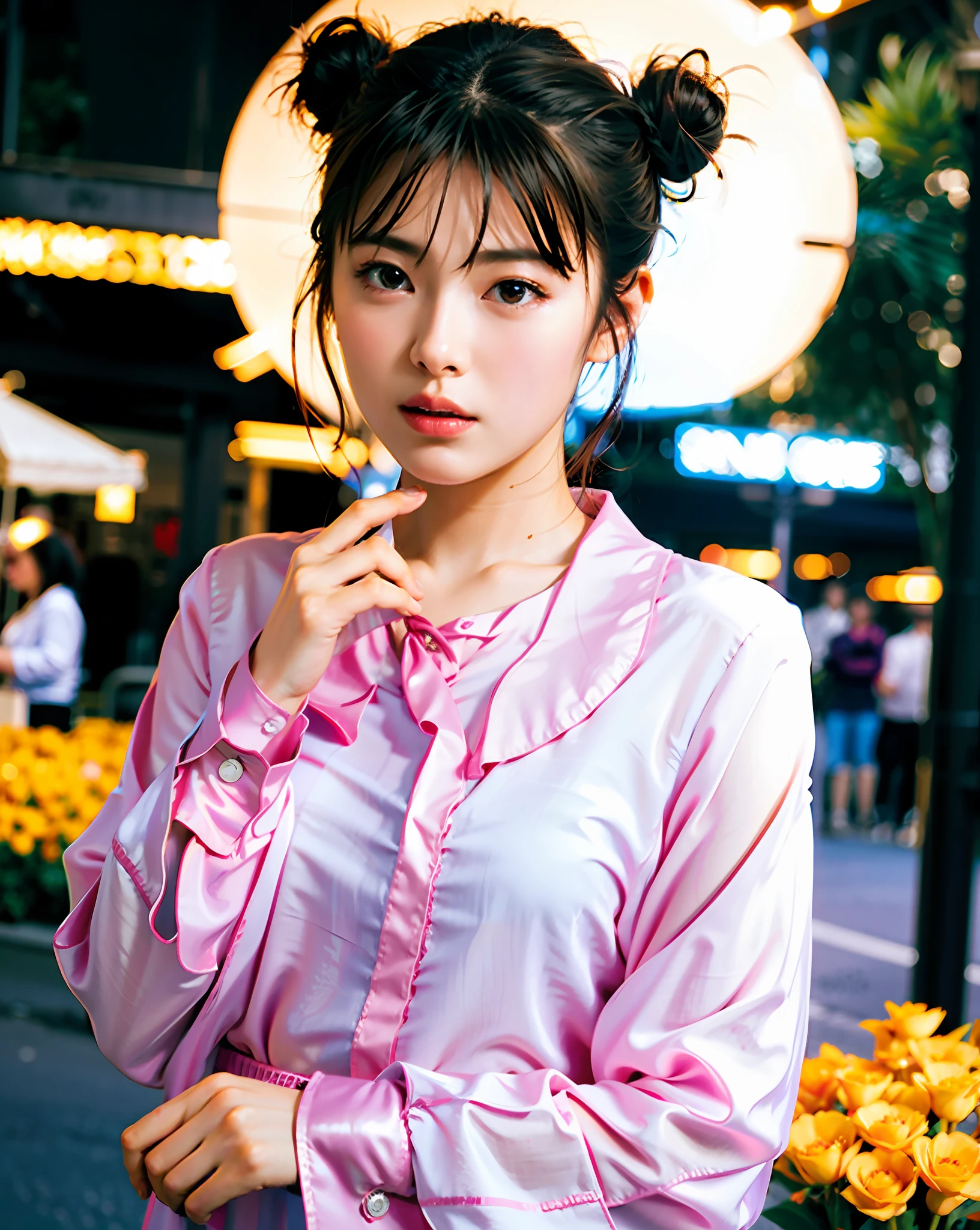 best quality, photorealistic, 8k, high res, 1girl, woman,(skindentation), tiny breast, (professional lighting, bokeh), (street), (people, crowds:0.6), market, (night;1.5),(double bun hair:1.0), (blouse:1.5), (portait:0.8), gorgeous, bloom, floating hair,(light particles, lens flare, glowing particles:0.6), (dynamic pose), soft lighting, (dynamic pose),
