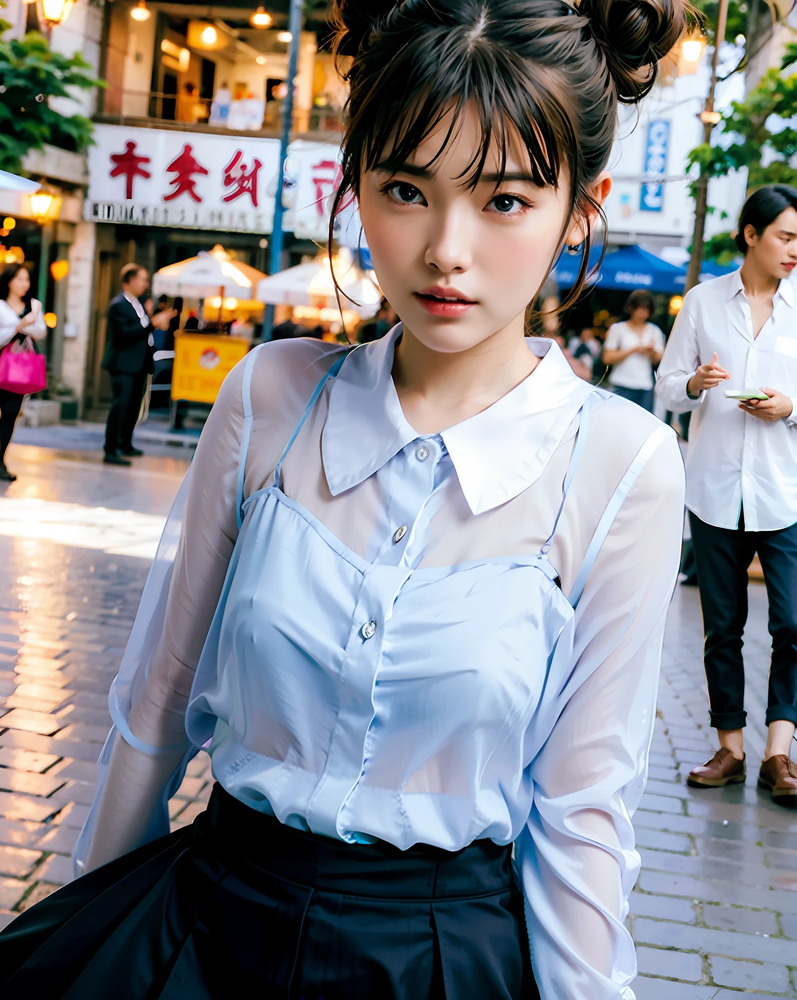 best quality, photorealistic, 8k, high res, 1girl, woman,(skindentation), tiny breast, (professional lighting, bokeh), (street), (people, crowds:0.6), market, (night;1.5),(double bun hair:1.0), (blouse:1.5), (portait:0.8), gorgeous, bloom, floating hair,(light particles, lens flare, glowing particles:0.6), (dynamic pose), soft lighting, (dynamic pose),