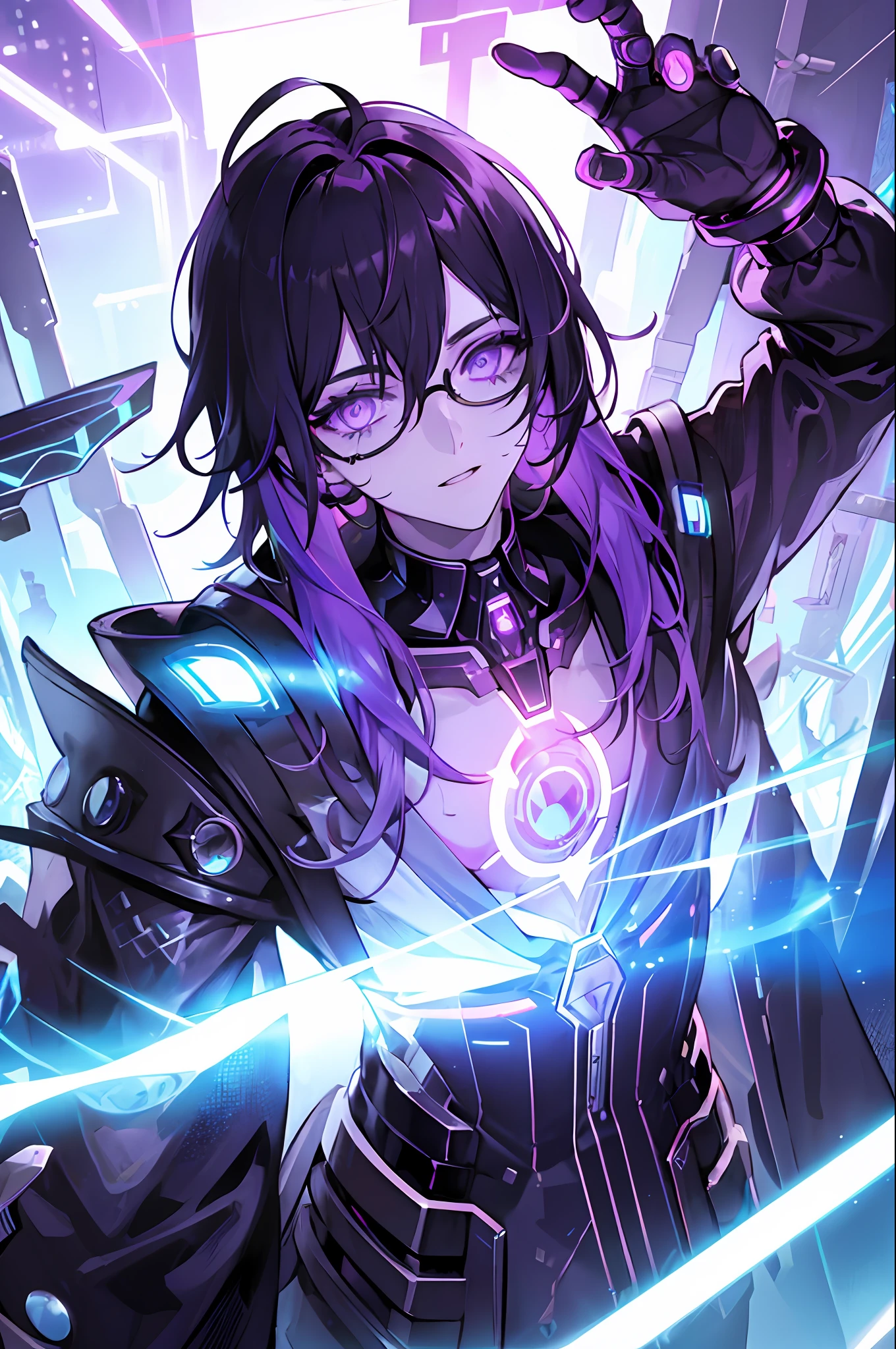 In the neon-lit expanse of CyberHaven, a sprawling metropolis that pulses with technological wonders and shadows that never sleep, resides a vampire boy named Asher. At the tender age of 18, he embodies the enigmatic fusion of ancient darkness and futuristic aesthetics. Explore the intricately detailed world of Asher: Hair: Asher's hair is a vibrant tapestry of black, white, and shades of purple, an artistic homage to the ever-evolving cyberpunk aesthetic. These electrifying colors intertwine, reflecting the neon lights that bathe the city's streets. His hair is styled in a dynamic fashion, a blend of sleek and spiked elements, echoing the fusion of tradition and futurism. Glasses: Adorning his face, Asher's glasses embody cutting-edge technology with a touch of retro charm. The frames are sleek and silver, intricately designed with embedded microcircuitry that enhances his vision in the augmented reality of CyberHaven. The lenses possess a subtle holographic shimmer, providing him with an overlay of data and information within his field of view. Eyes: Beneath the tinted lenses of his glasses, Asher's eyes glimmer with an ethereal glow, a vibrant shade of amethyst that seems to radiate with electric energy. They hold an intensity that reflects his profound connection to the nocturnal world and his unyielding thirst for both knowledge and the life essence that sustains him. Cybernetic Enhancements: Within the cyberpunk realm, Asher has embraced technological augmentations that coexist with his vampiric nature. Tracing along his arms and neck, faintly glowing circuitry tattoos blend seamlessly with his skin, enhancing his reflexes and senses. These enhancements are a testament to his ability to adapt and thrive in the ever, highly detailed face, highly detailed eyes,potrait