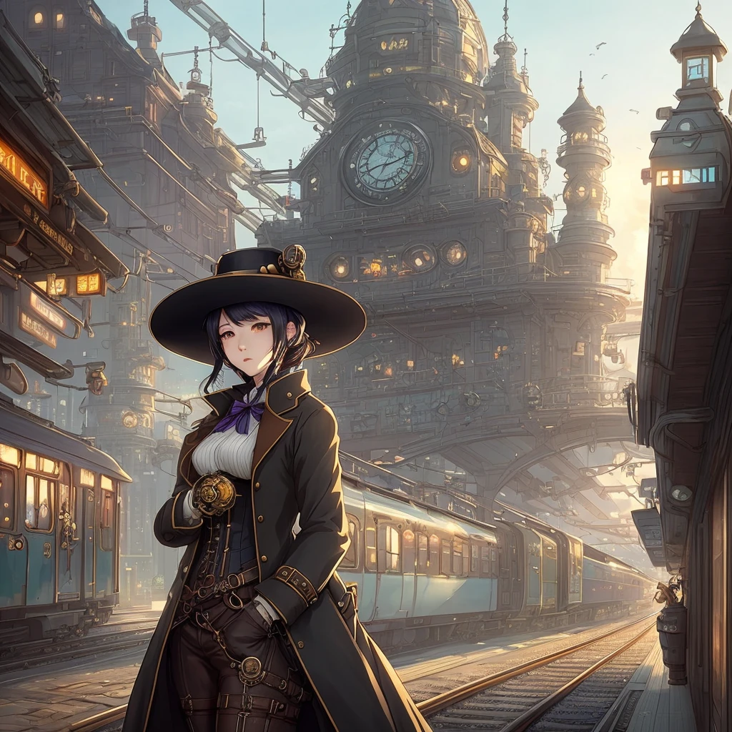 anime - style illustration of a woman in a hat and coat standing in front of a train station, a character portrait by Ni Yuanlu, cgsociety contest winner, fantasy art, steampunk beautiful anime woman, steampunk fantasy style, in steampunk cityscape, steampunk illustration, steampunk concept art, inspired victorian sci - fi, steampunk girl, steampunk world, lofi steampunk bioshock portrait