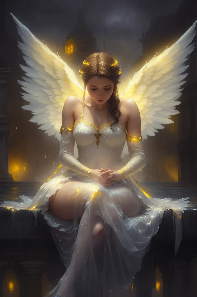 a woman with angel wings, sitting on a ledge, sitting against the backdrop of yellow and blue lights, rain, muted colors, bokeh ((masterpiece, best quality)), beautiful detailed eyes, detailed face, bloody particles, full body, (((illustration, digital painting, matte painting, greg rutkowski style))