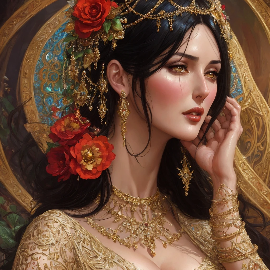 Monica Bellucci, closeup, D&D, fantasy, intricate, elegant, highly detailed, digital painting, artstation, concept art, matte, sharp focus, illustration, hearthstone, art by Artgerm and Greg Rutkowski and Alphonse Mucha