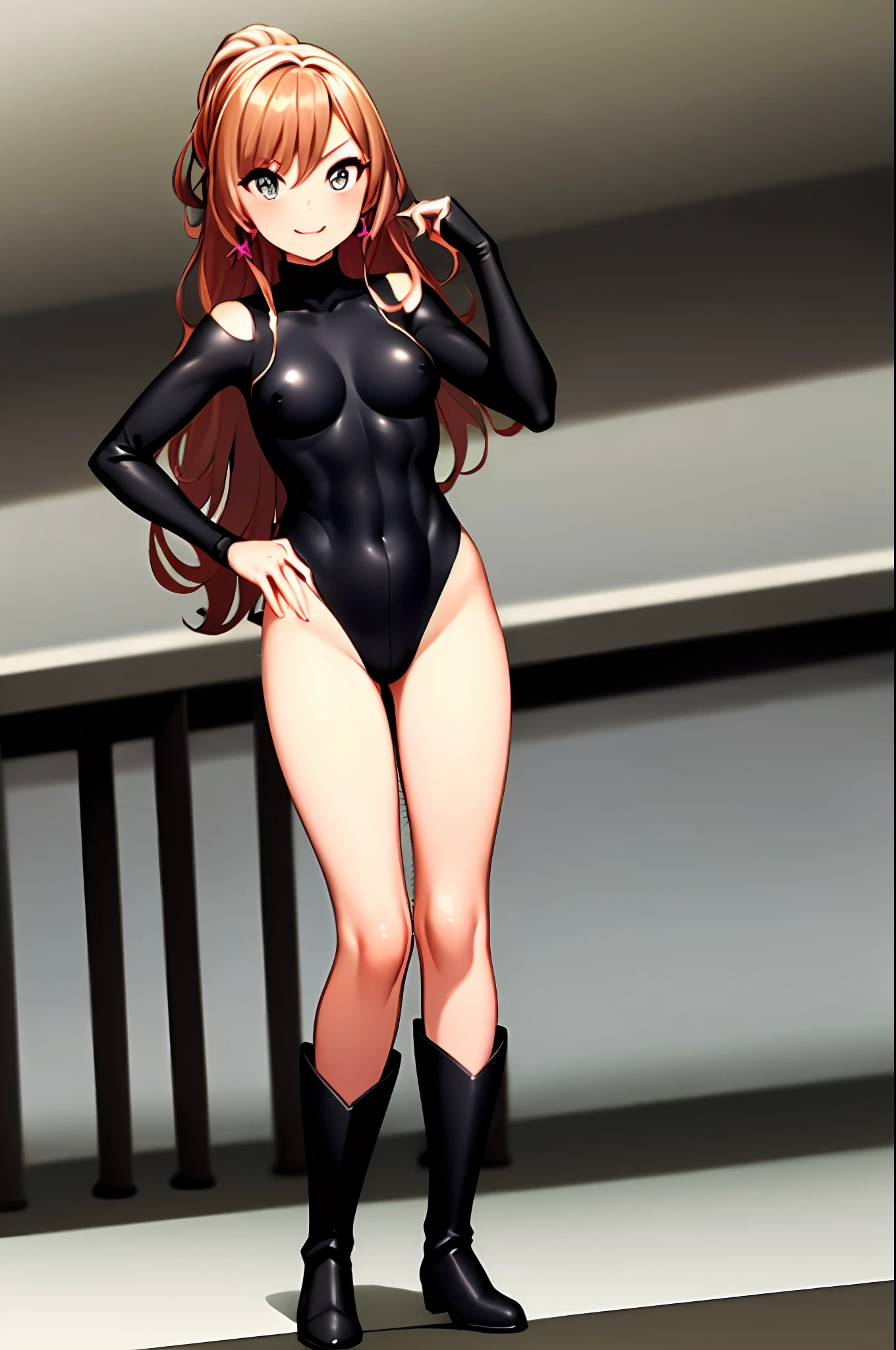 ((masterpiece, best quality)),very detailed, simple eyes,medium breasts,standing,lisa imai,1girl,smile, earrings, full_body, jewelry, long_hair, looking_at_viewer, superhero, leotard,  legs, boots, matching boots, stand, standing, highleg, hand on hip, city backdrop,