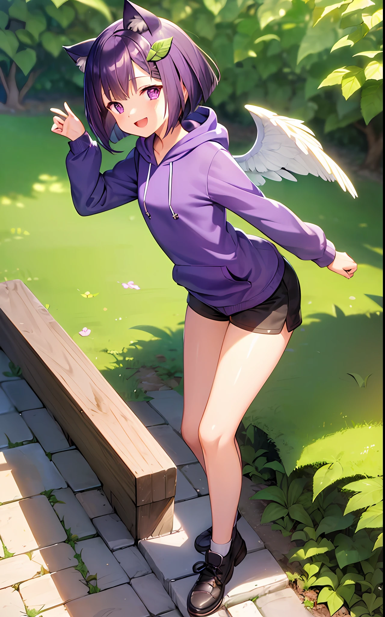 1girl, ((heart shaped leaves, purple_yam, winged_yam, ube,)) (full body, leaf, garden, plant, plant girl,) teal eyes, cat (((cat ears))), sweet beautiful woman, ((glowing wings, ( purple hair)), green streaks in hair, hair over one eye,) ((masterpiece)), colorful, (extremely detailed CG unity 8k wallpaper), (masterpiece), (best quality), (ultra-detailed), (best illustration), ear fluff, (best shadow),((WINGS)) ((((shorthair, inverted bob, ))ringlets, wavy hair,)) angle wings, (((feathery wings, back wings, sfw, safe for work, hoodie, smile, happy, green leaf hair ornament, short shorts,))) character reference,((standing, full body)), (volumetric lighting), atmospheric perspective, dust particles, light shaft, young, loli