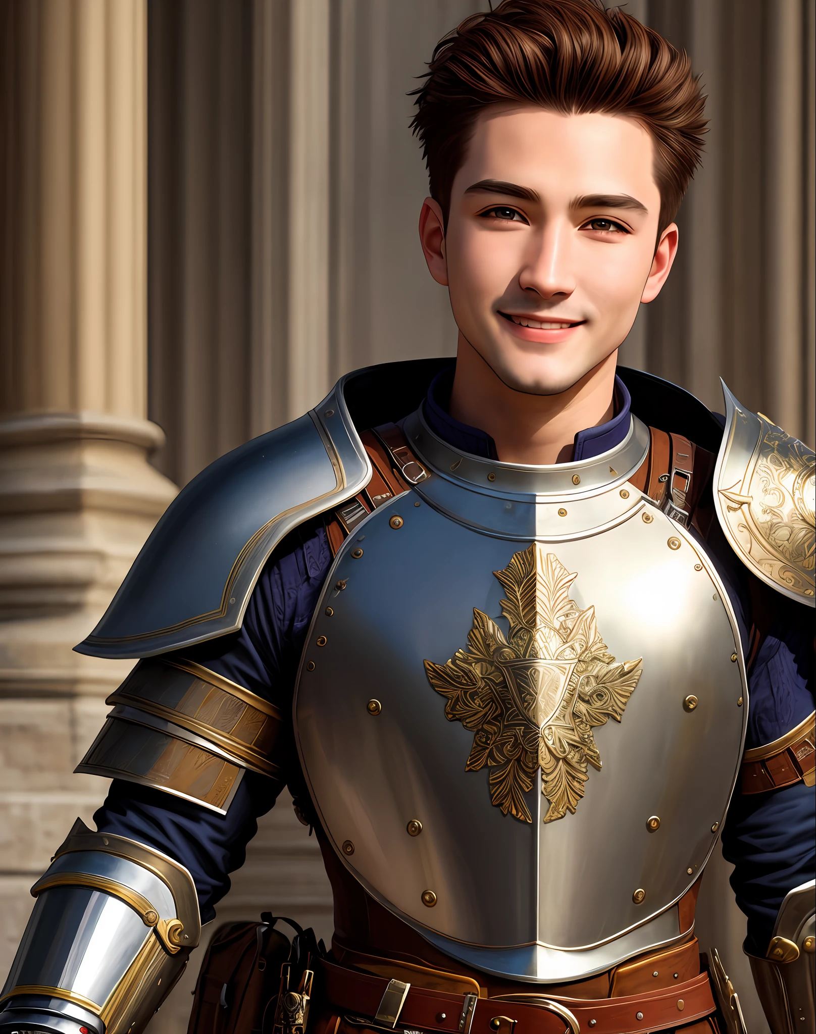 Masterpiece, absurdres, fine detail, HDR, highly detailed face and eyes, photorealistic, smiling,MHmix, a man in armor,Jetstream Sam wearing MHmix,