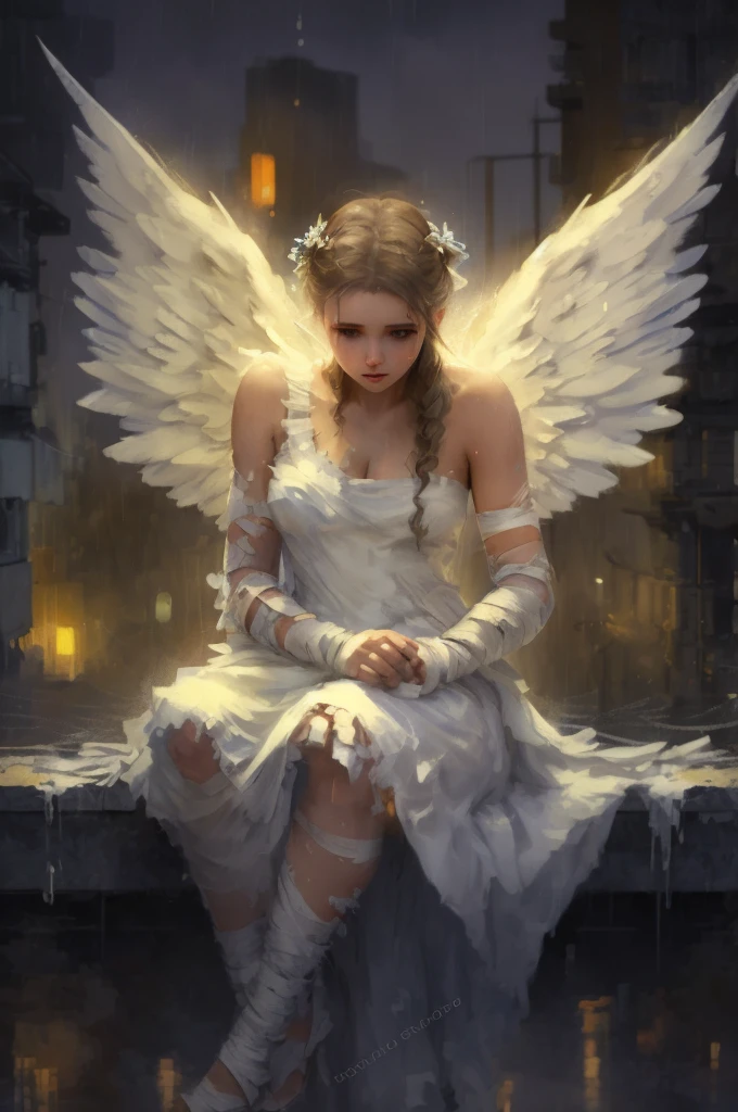 a woman with angel wings, in a white dirty torn dress with bandages on her arms and legs, sitting on a ledge, sitting against the background of yellow and blue lights, rain, muted colors, bokeh ((masterpiece, best quality)), beautiful detailed eyes, detailed face , bloody particles, full body, illustration, digital painting, matte painting