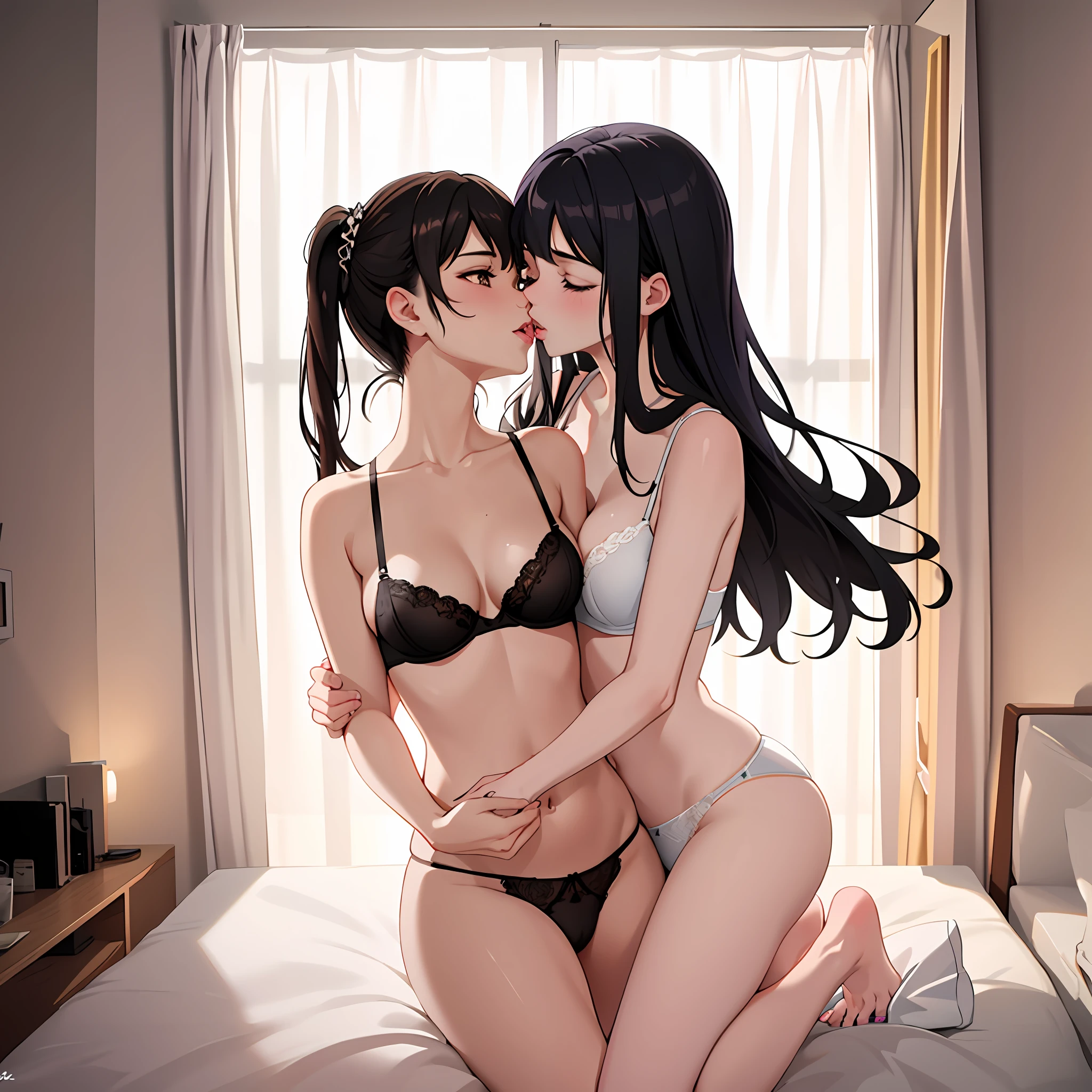 Best quality, masterpiece, ultra high resolution, (photorealistic: 1.4), 2 girls kissing, yuri, deep shadow, glowing skin, ispired by dasha taran and elina karimova, wearing bras and panties