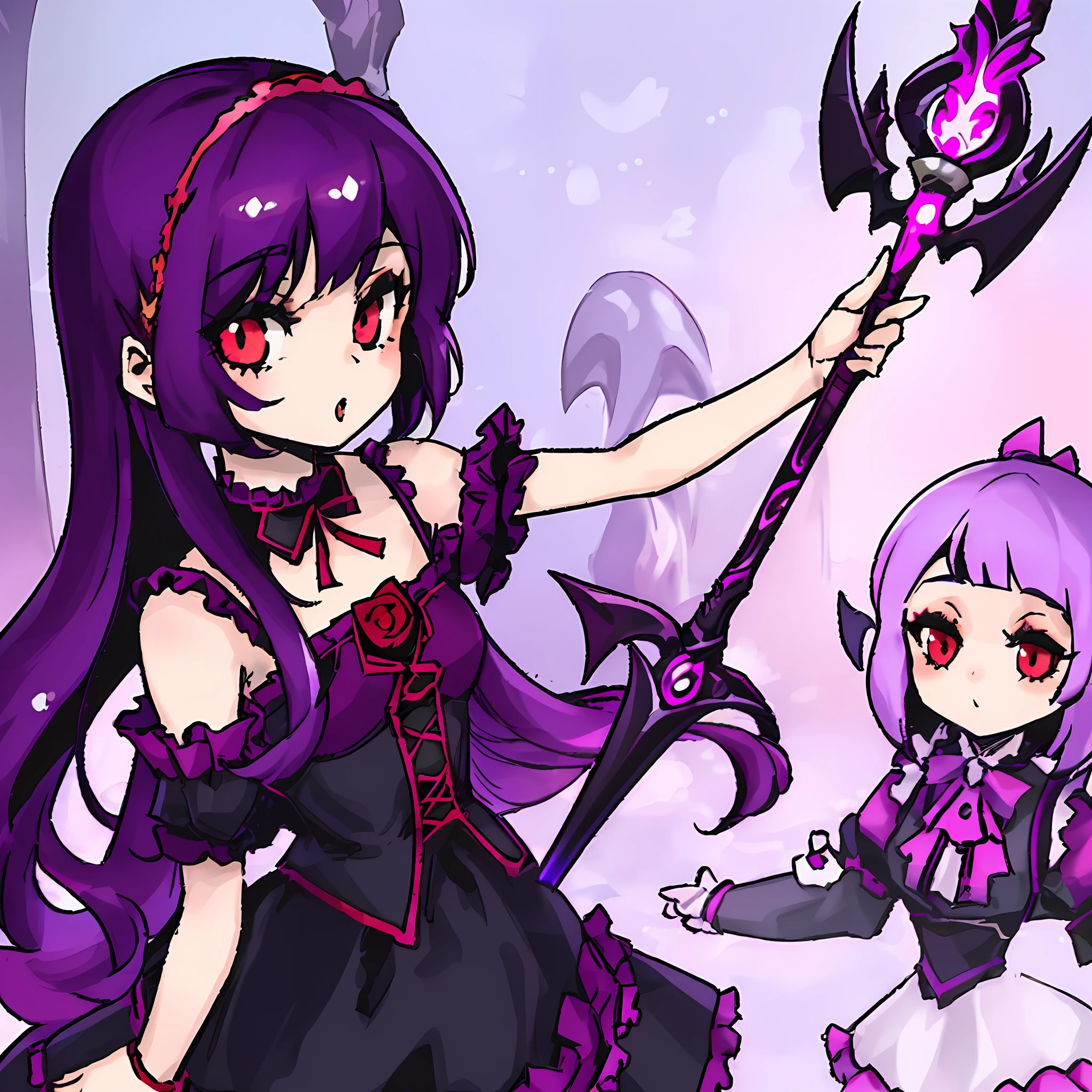 Young girl, (pretty face), short height, long purple hair, red eyes, black and white dress, frilly skirt, carrying a spear, slightly demonic appearance, crisp art style