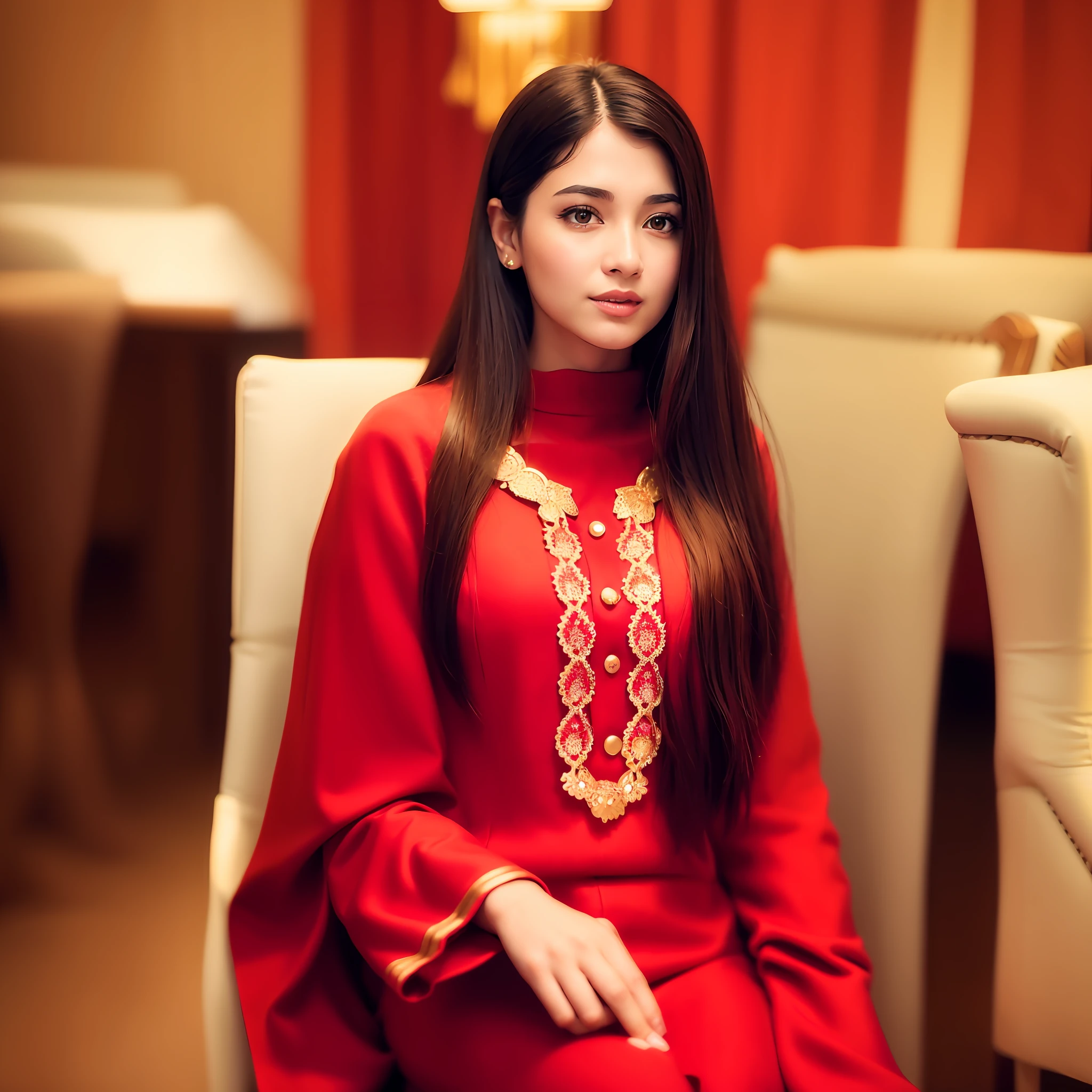 a close up of a woman sitting in a chair in a room, wearing a red outfit, wearing red attire, wearing red clothes, kyza saleem, red suit, wearing a silk kurta, actress, profile pic, very extremely beautiful, dressed in red velvet, in red background, profile image, red clothes, wearing red, traditional art, wearing red formal attire