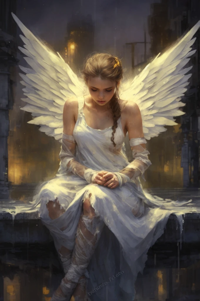 a woman with angel wings, in a white dirty torn dress with bandages on her arms and legs, sitting on a ledge, sitting against the background of yellow and blue lights, rain, muted colors, bokeh ((masterpiece, best quality)), high detail, detailed face, blood particles, full body
