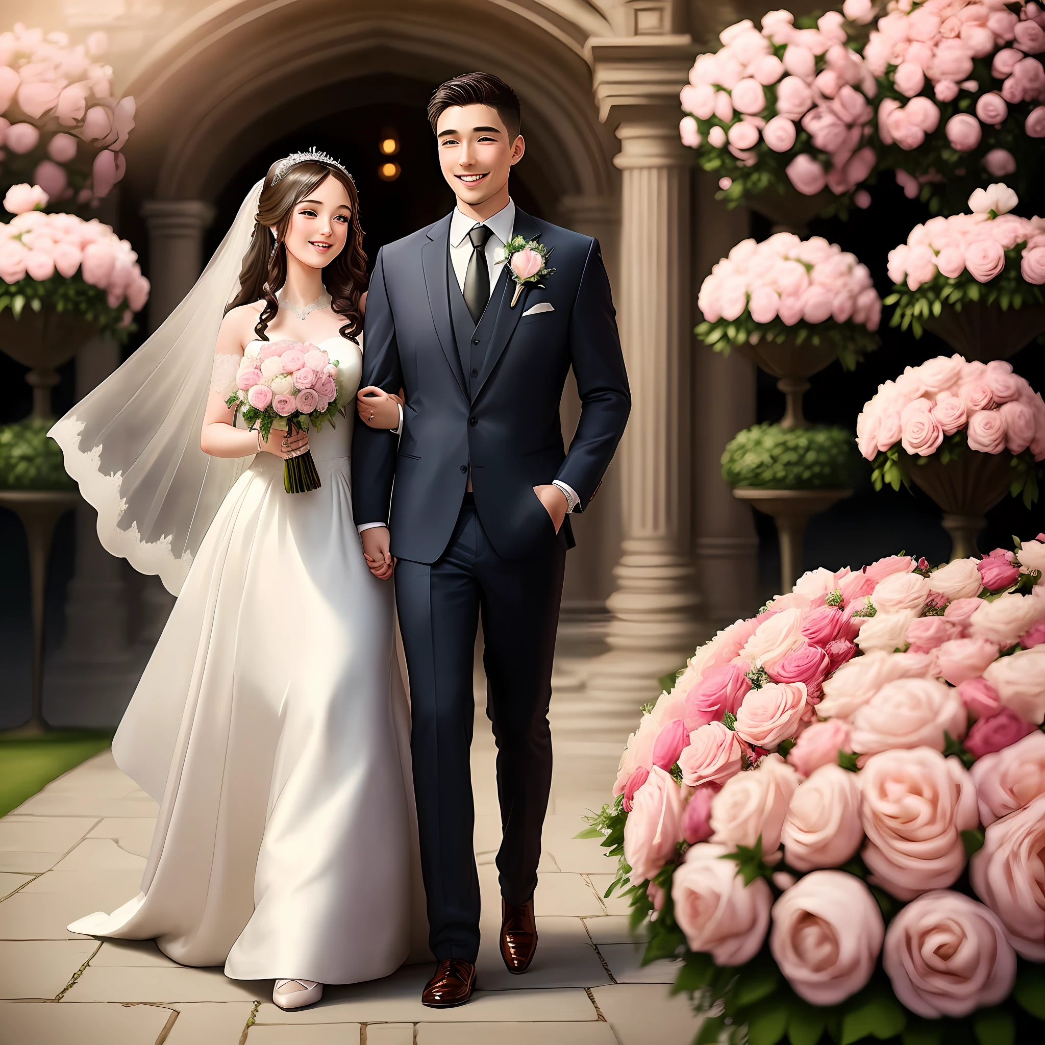 (masterpiece), high-quality, animated wedding illustration, romantic and intimate, bride and groom in beautiful attire, smiling and happy, surrounded by flowers and greenery, (1girl) in gorgeous dress, holding a bouquet of (roses+peonies), groom in dapper suit, holding a ring, beautiful scenery in the backdrop, (depth of field:1.2), warm and soft lighting, the perfect wedding ambiance.