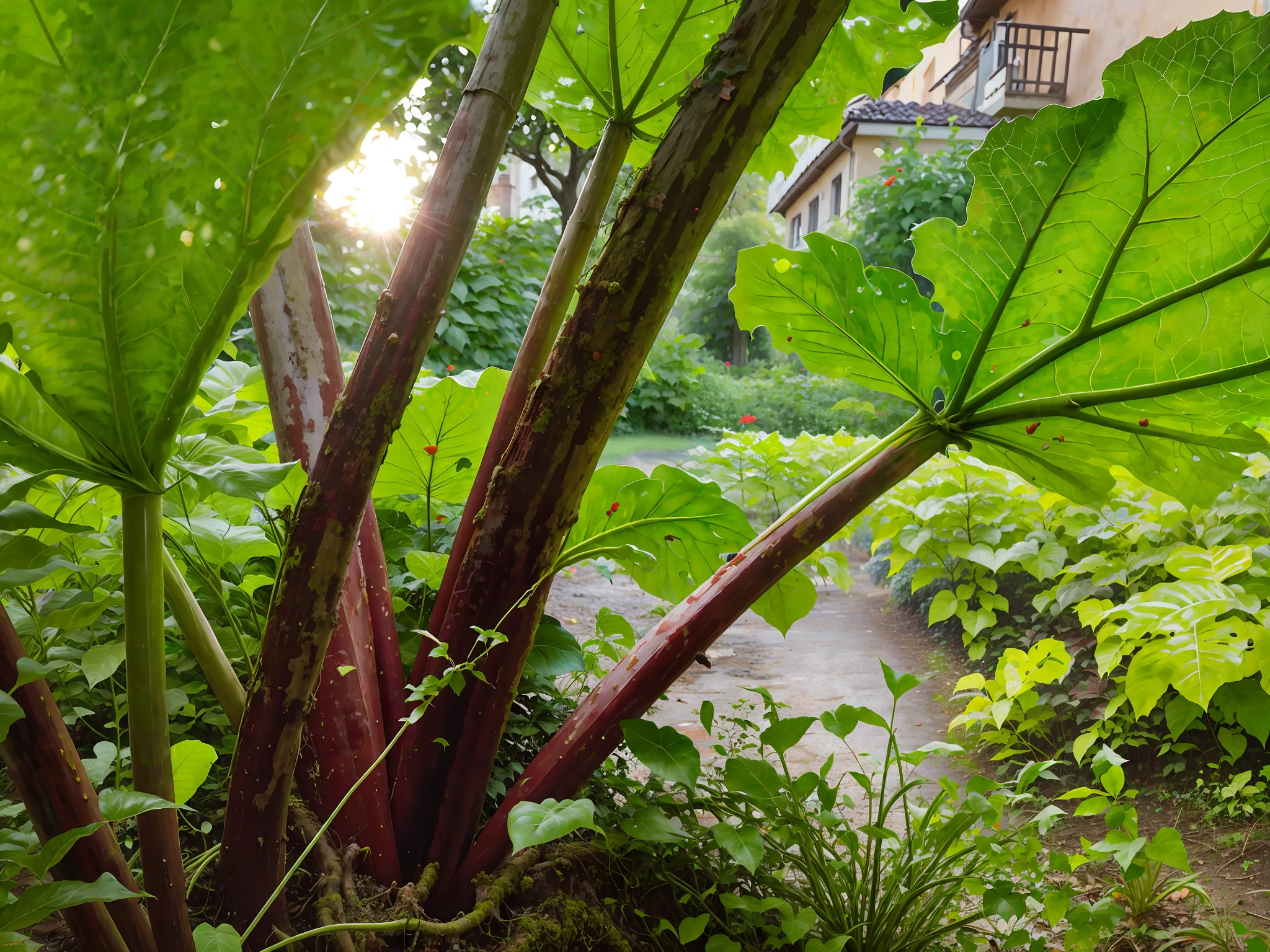 there is a large plant with large leaves in the garden, big leaves and stems, vegetable foliage, shot on nikon z9, 🪔 🎨;🌞🌄, by Maksimilijan Vanka, large cornicione, ❤🔥🍄🌪, all growing inside an enormous, by Stefan Gierowski, by Julius Hatofsky