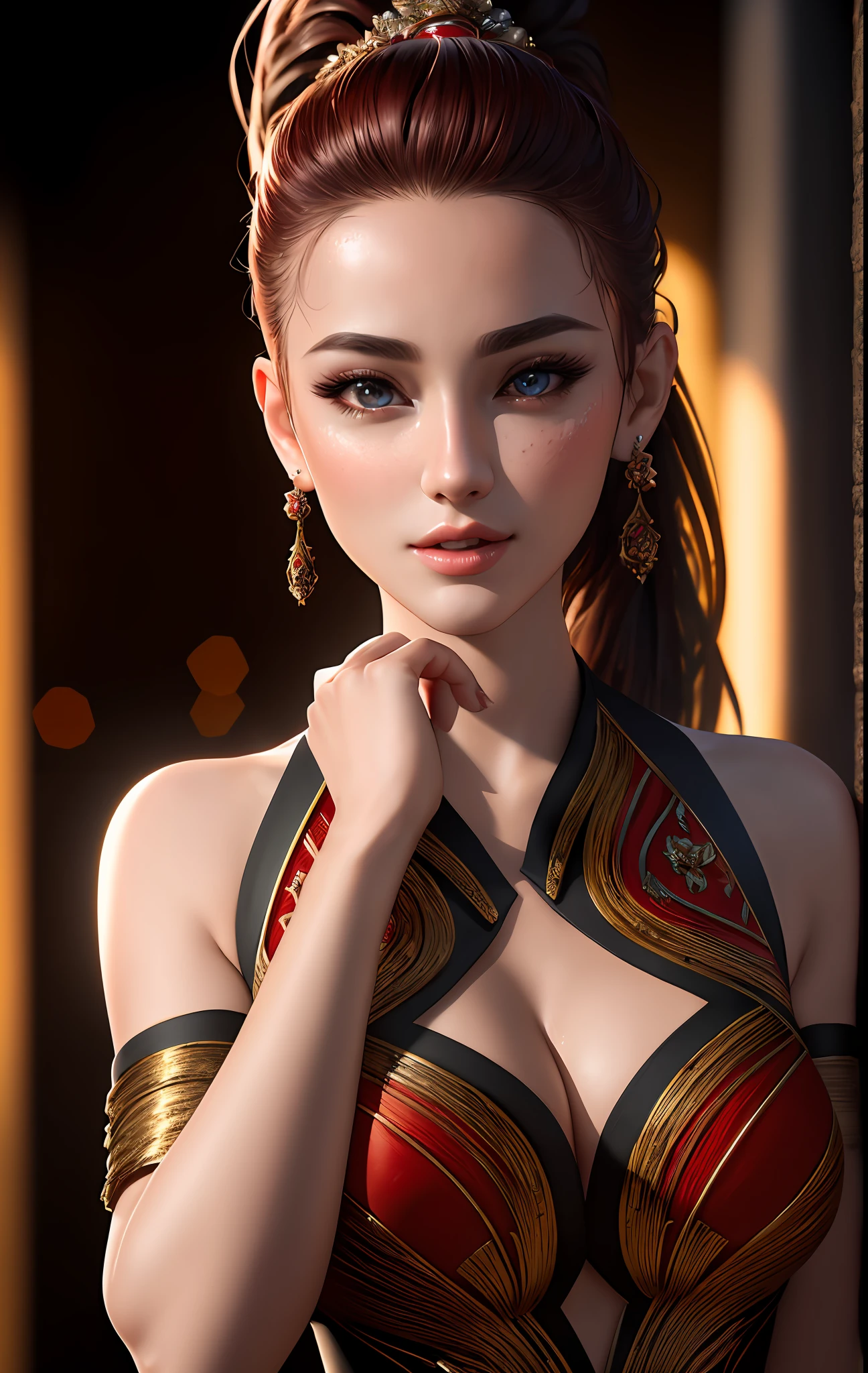 best quality, masterpiece, high_res, 1girl, Beautiful face, (photo realistic:1.3), rim lighting, (high detailed skin:1.2), 8k uhd, dslr, high quality, high resolution, 4k, 8k, Bokeh, medium breasts, absurdres, ponytail contorted, best ratio four finger and one thumb, (realistic:1.2), arms up,