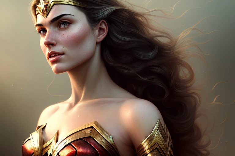 HQ vintage art style, (hyper detailed), (masterpiece), vivid colors, wonder woman with her hair flowing in the wind, beautiful skin and face, sculptural body, intricate and realistic details, perfect hands, vibrant and flashy eyes, clothes with magnificent detail, Adobe Illustration, Trending on Artstation, 50mm bifocal lens, lighting by Rembrandt, art by Charlie Bowater-process, -