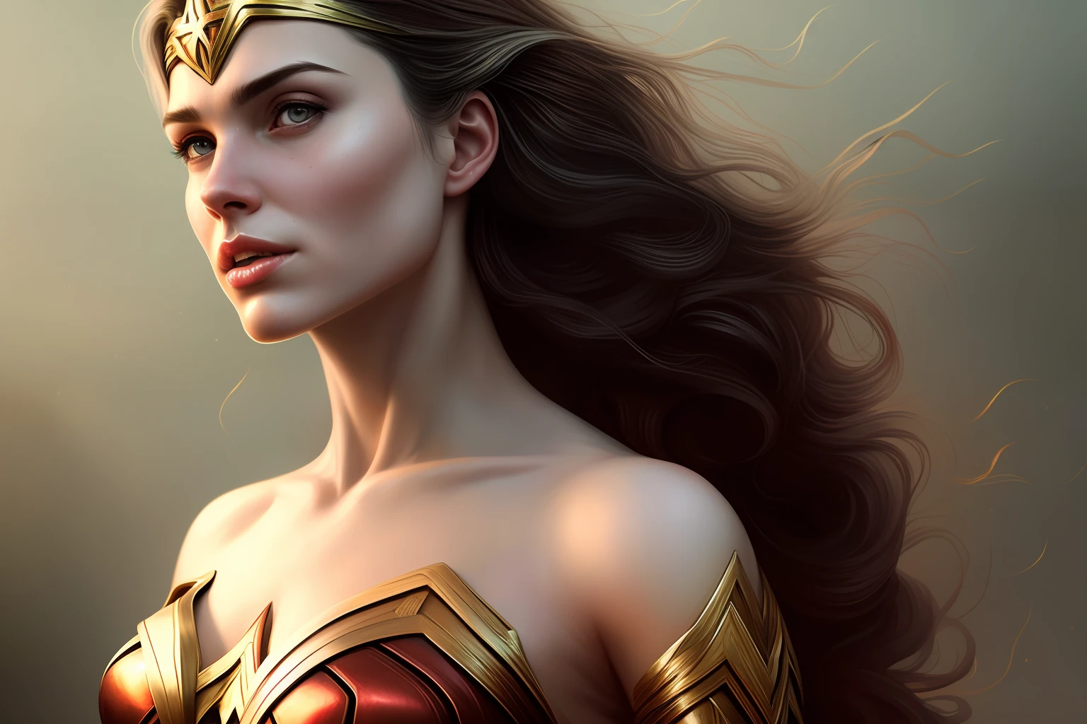 HQ vintage art style, (hyper detailed), (masterpiece), vivid colors, wonder woman with her hair flowing in the wind, beautiful skin and face, sculptural body, intricate and realistic details, perfect hands, vibrant and flashy eyes, clothes with magnificent detail, Adobe Illustration, Trending on Artstation, 50mm bifocal lens, lighting by Rembrandt, art by Charlie Bowater-process, -