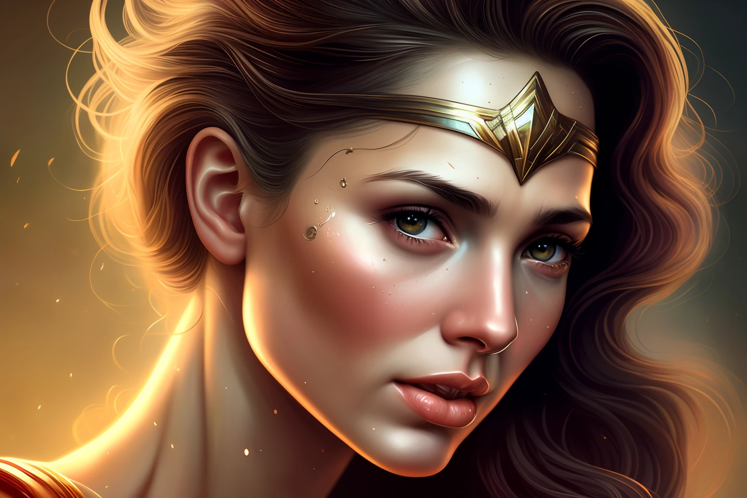 HQ vintage art style, (hyper detailed), (masterpiece), vivid colors, wonder woman with her hair flowing in the wind, beautiful skin and face, sculptural body, intricate and realistic details, perfect hands, vibrant and flashy eyes, clothes with magnificent detail, Adobe Illustration, Trending on Artstation, 50mm bifocal lens, lighting by Rembrandt, art by Charlie Bowater-process, -