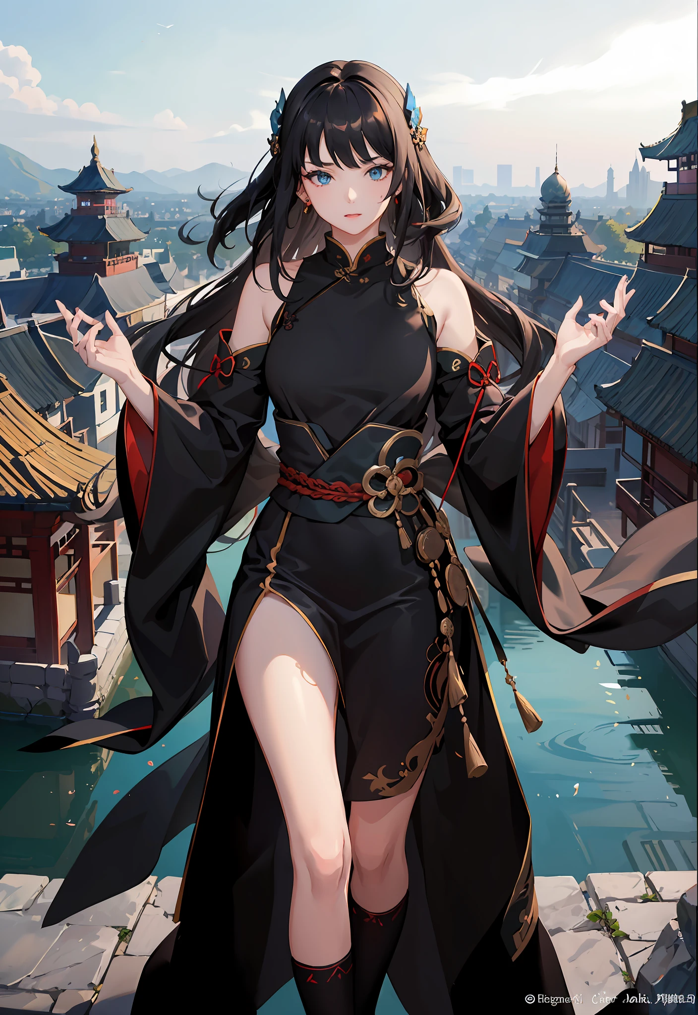 Masterpiece, best quality, official art, 8k wallpaper, very detailed, illustration, ((1 person)), detailed eyes, blue eyes, black hair, green gradient Hanfu, intricate filigree, flat chest, dynamic pose, floating hair, east asian architecture, landscape, red chinese city wall