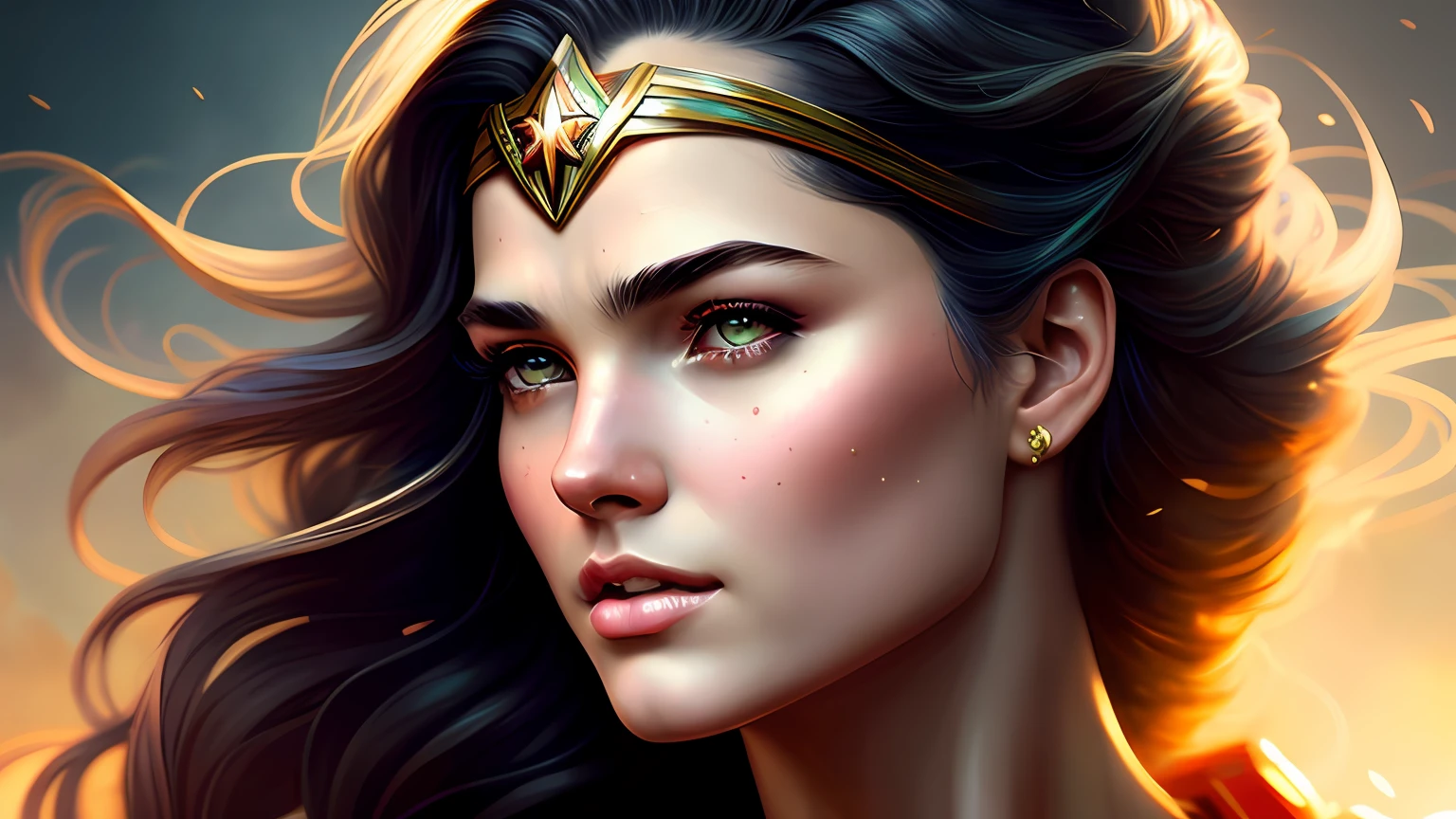 HQ vintage art style, (hyper detailed), (masterpiece), vivid colors, wonder woman with her hair flowing in the wind, beautiful skin and face, sculptural body, intricate and realistic details, perfect hands, vibrant and flashy eyes, clothes with magnificent detail, Adobe Illustration, Trending on Artstation, 50mm bifocal lens, lighting by Rembrandt, art by Charlie Bowater-process, -
