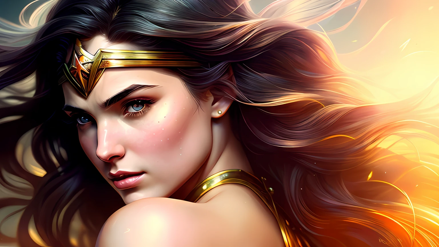 HQ vintage art style, (hyper detailed), (masterpiece), vivid colors, wonder woman with her hair flowing in the wind, beautiful skin and face, sculptural body, intricate and realistic details, perfect hands, vibrant and flashy eyes, clothes with magnificent detail, Adobe Illustration, Trending on Artstation, 50mm bifocal lens, lighting by Rembrandt, art by Charlie Bowater-process, -