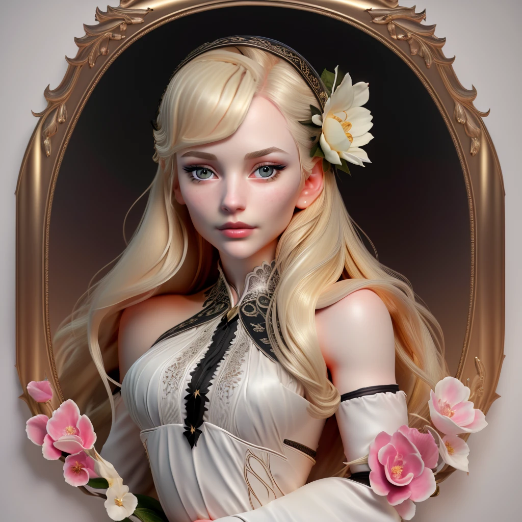 portrait of a gorgeous young woman, in her 20s, elegant and charming, long blonde hair, pale skin, beautiful eyes, perfectly detailed face, detailed eyes, pretty nose, gorgeous face, nice body, upper body, wearing a elegant dress, flower frame, matte colors, intricate, intricate details, black minimalist background, detailed hands, best quality, highly detailed, extremely sharp, ultra definition, 12k, nikon, realistic details, cinematic light, UHD, trending on artstation