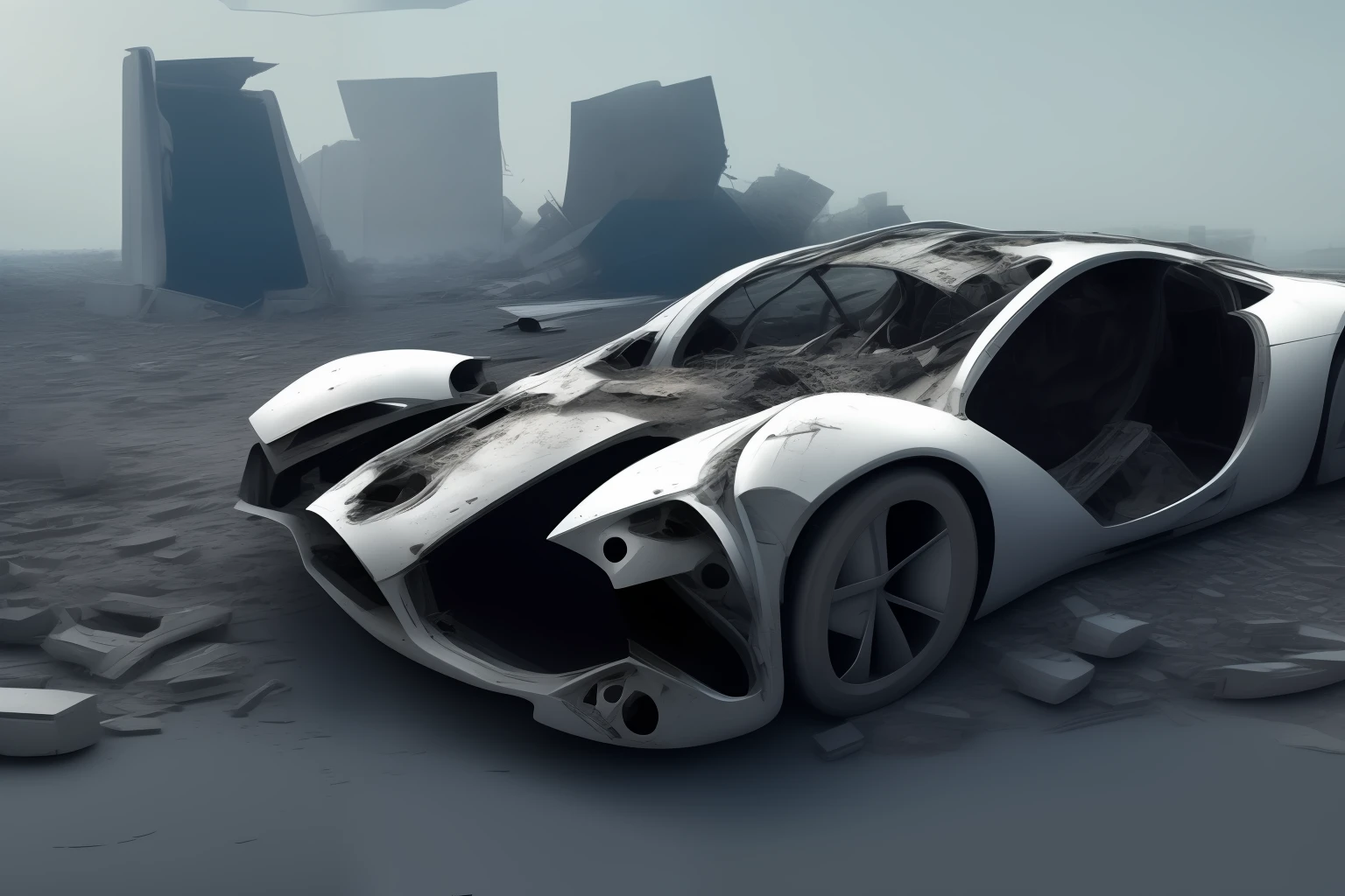 a super modern, futuristic car, in an destroyed word,realisitc,8k,-