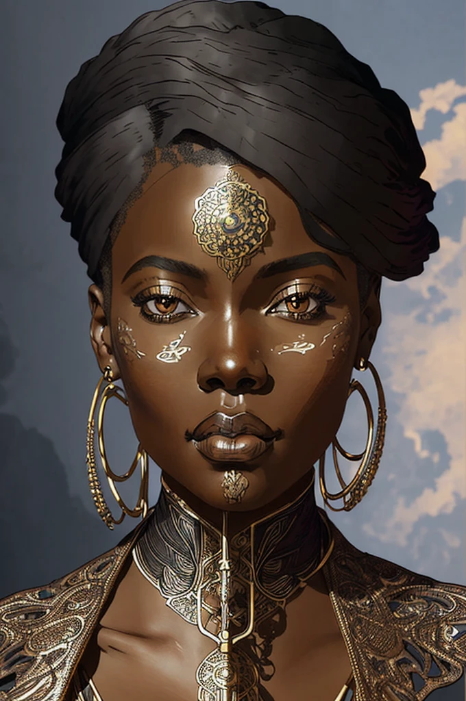 a digital illustration of black african woman in the style of Art Nouveau, steampunk, anime, pretty face, large scale, realistic proportions, highly detailed, smooth, sharp focus, 8k, ray tracing, digital painting, concept art illustration, by artgerm, trending on artstation, sony a1