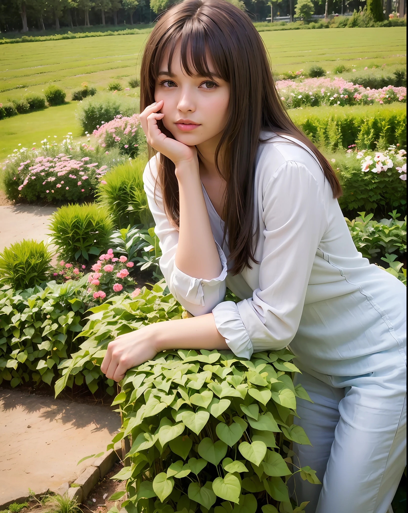 best quality, photorealistic, 8k, high res, 1girl, woman, (portrait:0.6), gorgeous, ((gardensidebackground:1.8)), straight-looking at viewer:1.8, (1girl eyes looking at viewer, medium-length hair, brownhair, partedbangs:1.65), photorealistic, (bokeh), (closed mouth:1.46), gorgeous, pureerosface_v1,