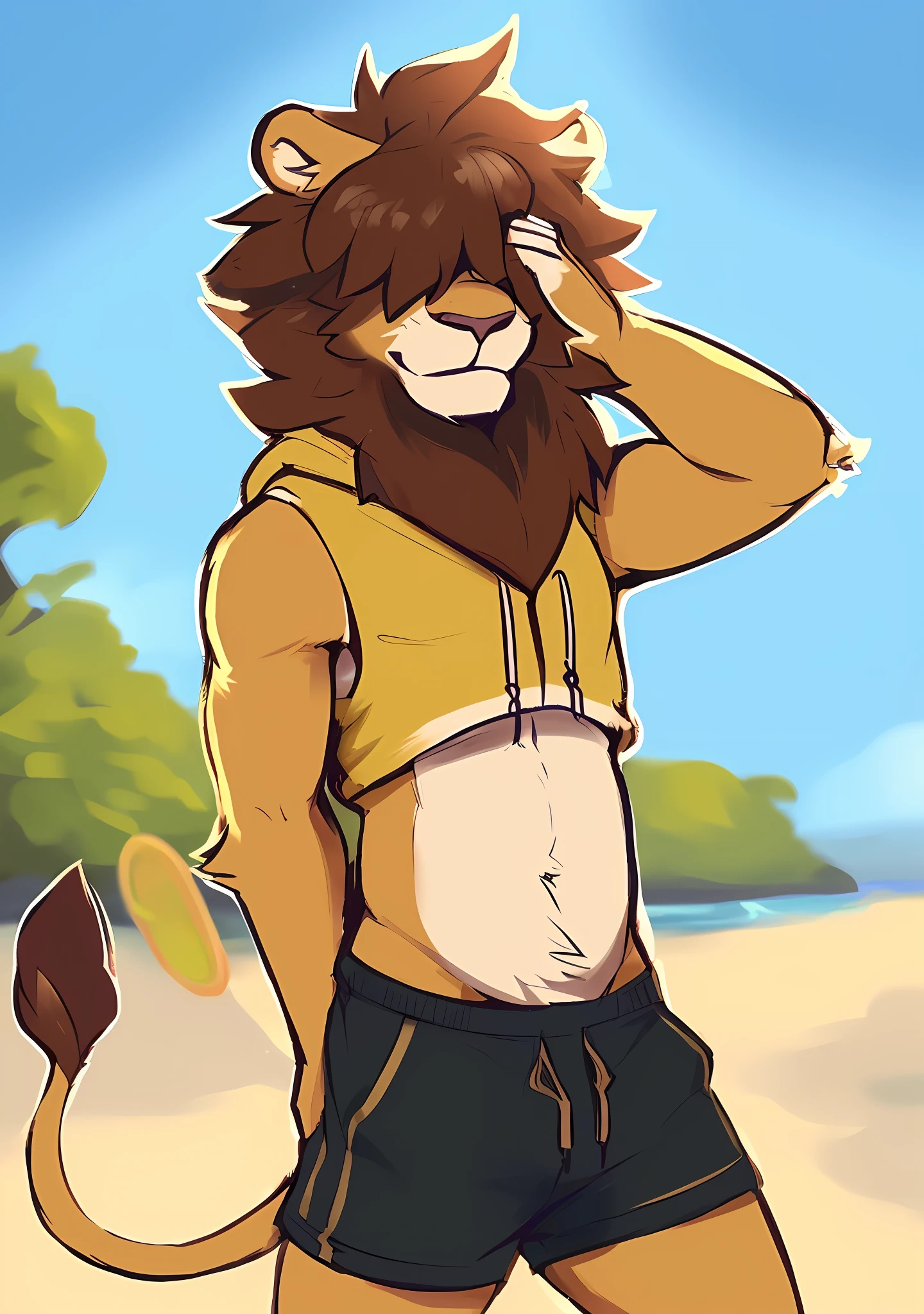 masterpiece, high quality, absurd res, digital painting \(artwork\), by zackary911, dacad,(anthro,fluffy fur,character focus:1.1),anthro male lion,short hair,portrait, hair covering eyes,panorama,character focus.(detailed background:0.7),solo,furry,furry male ,male focus,anthr,(Full body fur, lion tail, tan fur, hair covering eyes, light brown mane:1.2),(long canines, shorts, scruffy, skinny :1.2),(outside, day, beach:1.1) (hair covering eyes, smiling, hawaiian shirt, unbuttoned shirt:1.3)